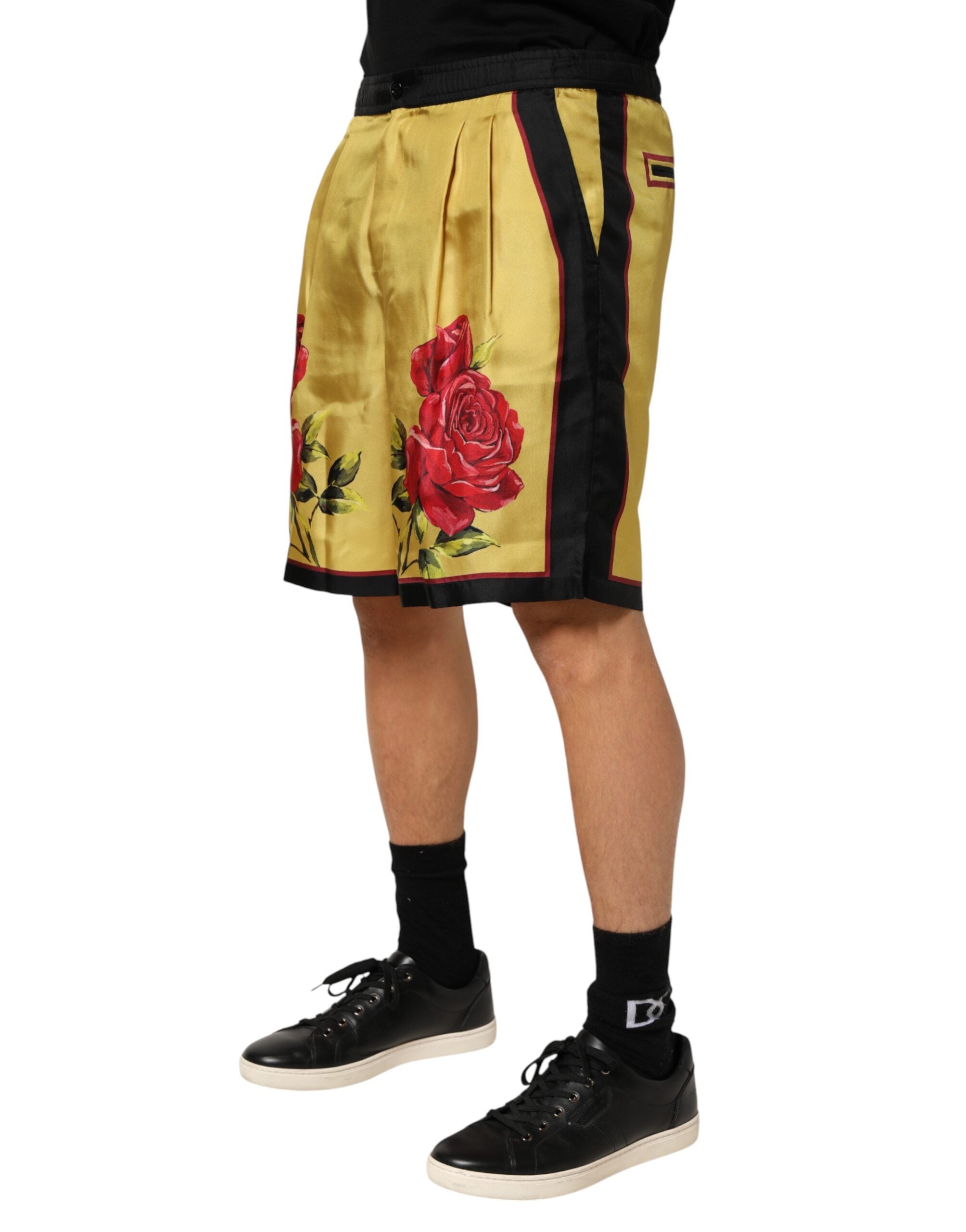 Dolce & Gabbana Yellow Floral Pattern Silk Bermuda Shorts-3