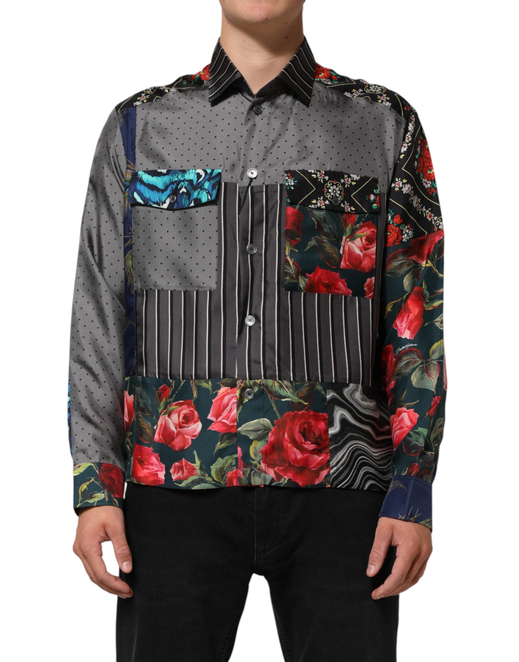 Dolce & Gabbana long-sleeved silk shirt in a multicolor patchwork design-1