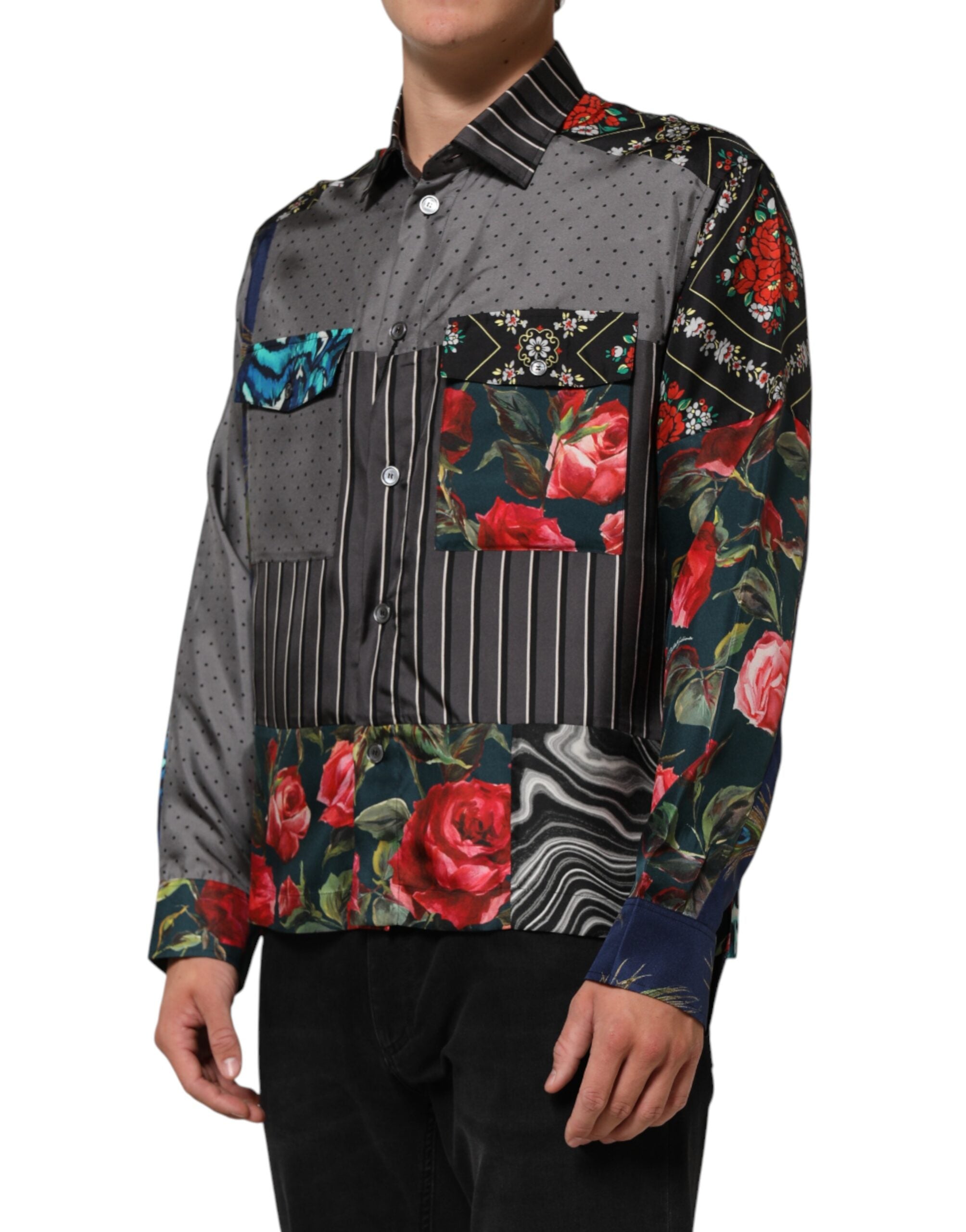 Dolce & Gabbana long-sleeved silk shirt in a multicolor patchwork design-3