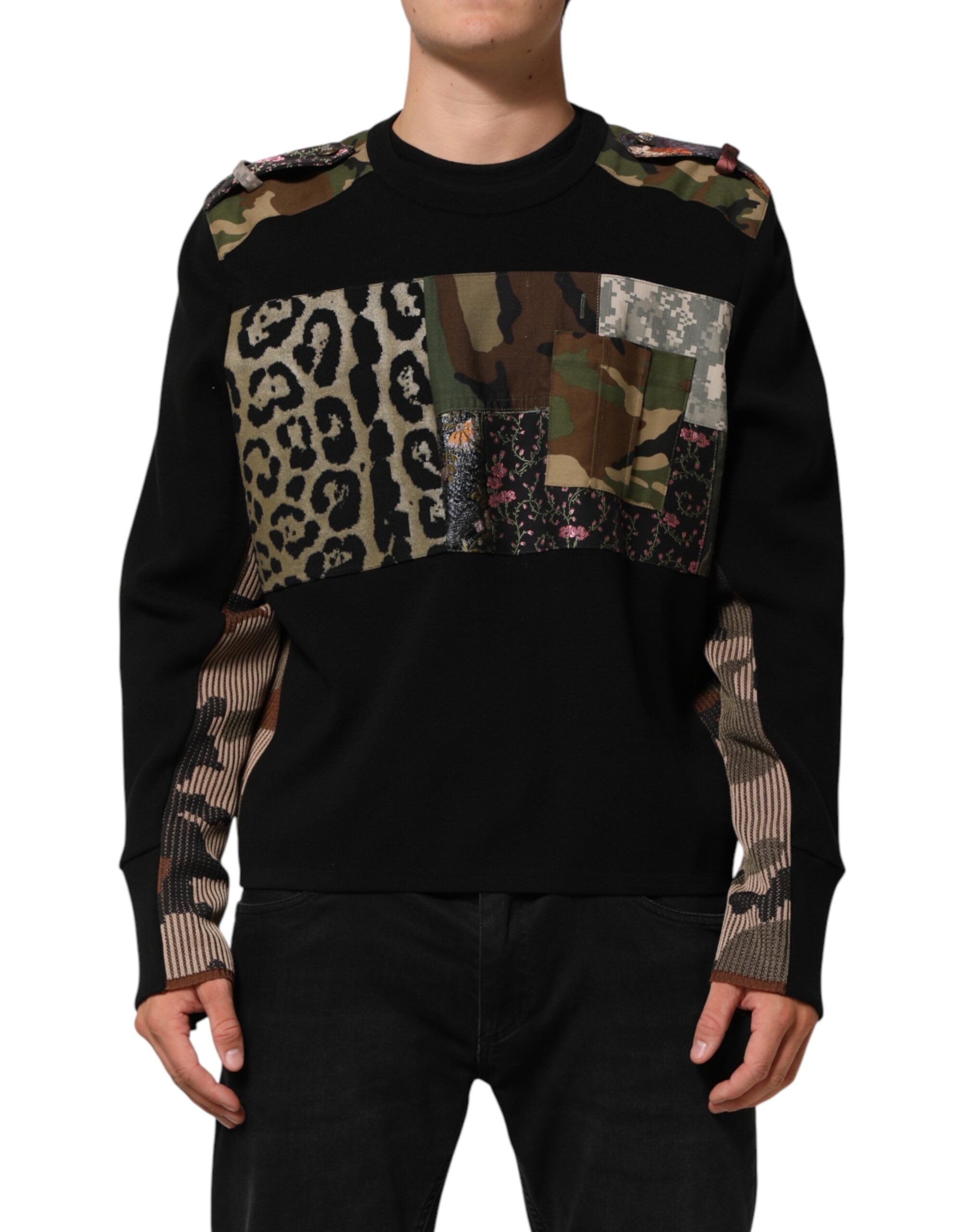 Dolce & Gabbana Schwarzer Patchwork-Pullover mit Rundhalsausschnitt-2