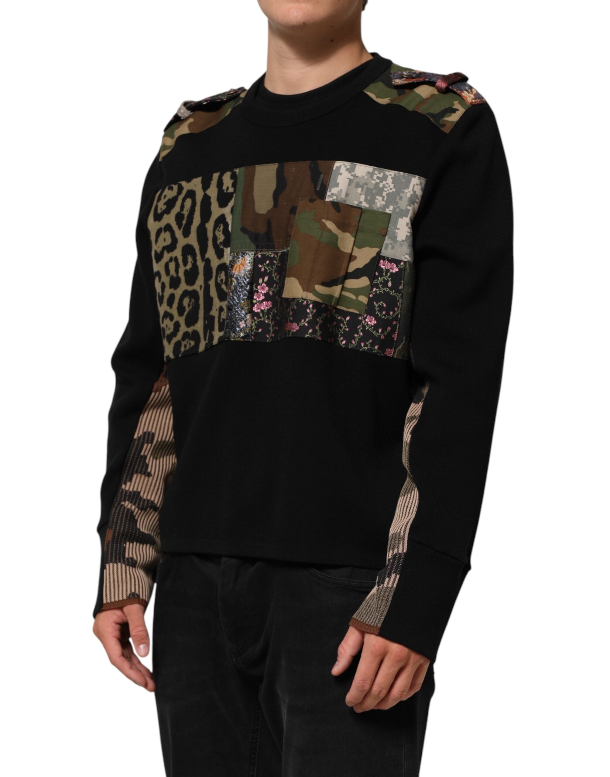 Dolce & Gabbana Schwarzer Patchwork-Pullover mit Rundhalsausschnitt-3