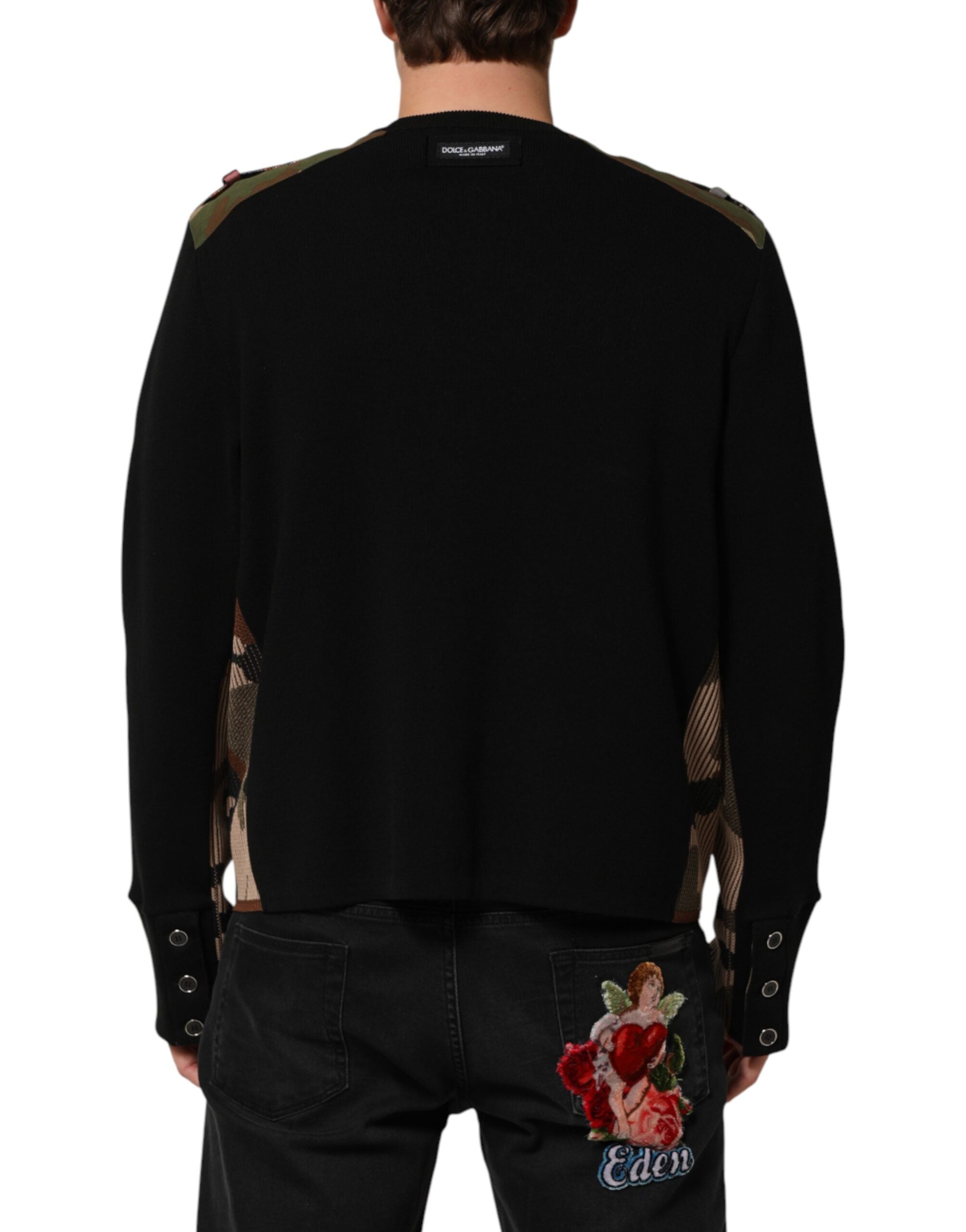 Dolce & Gabbana Schwarzer Patchwork-Pullover mit Rundhalsausschnitt-4
