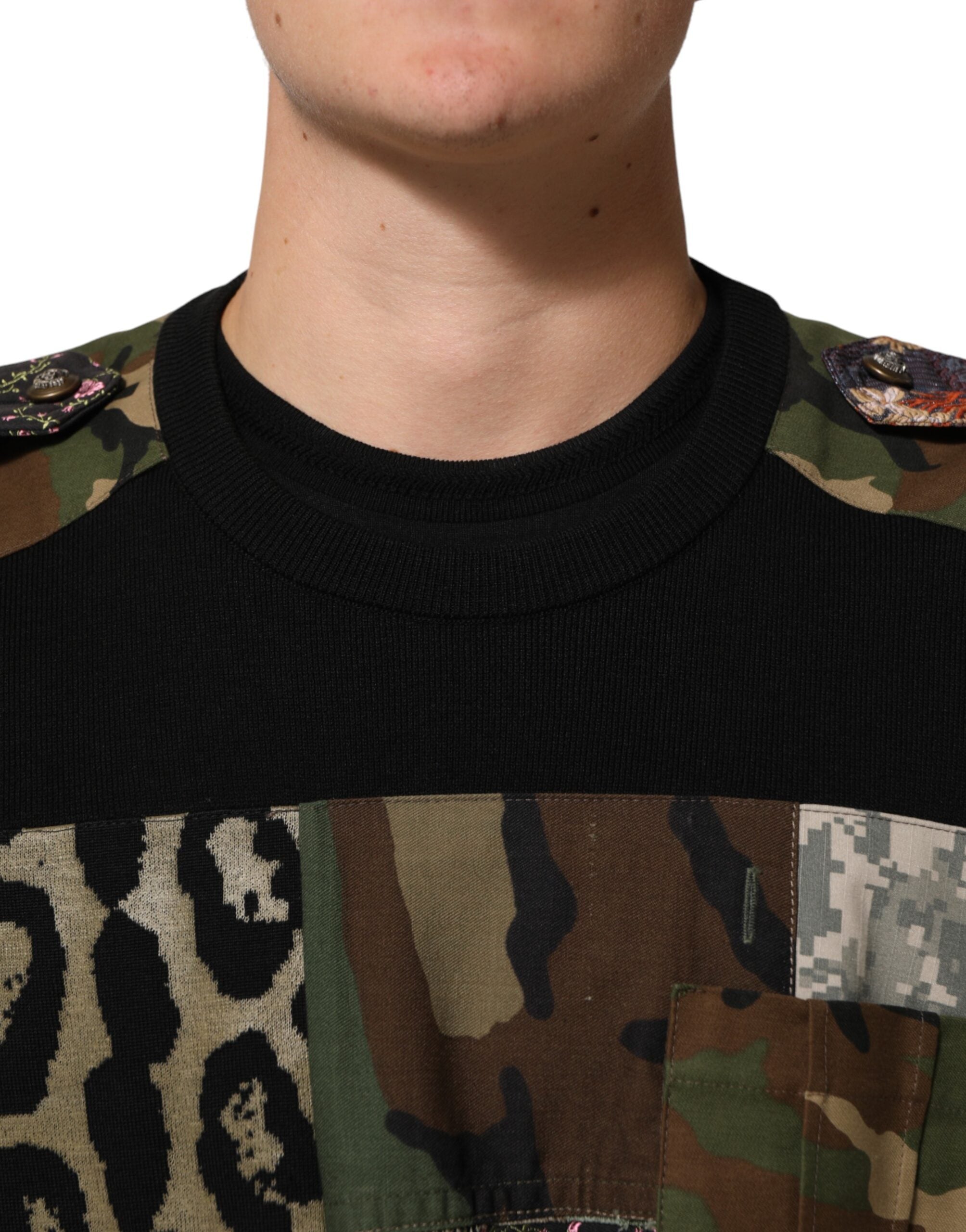 Dolce & Gabbana Schwarzer Patchwork-Pullover mit Rundhalsausschnitt-5