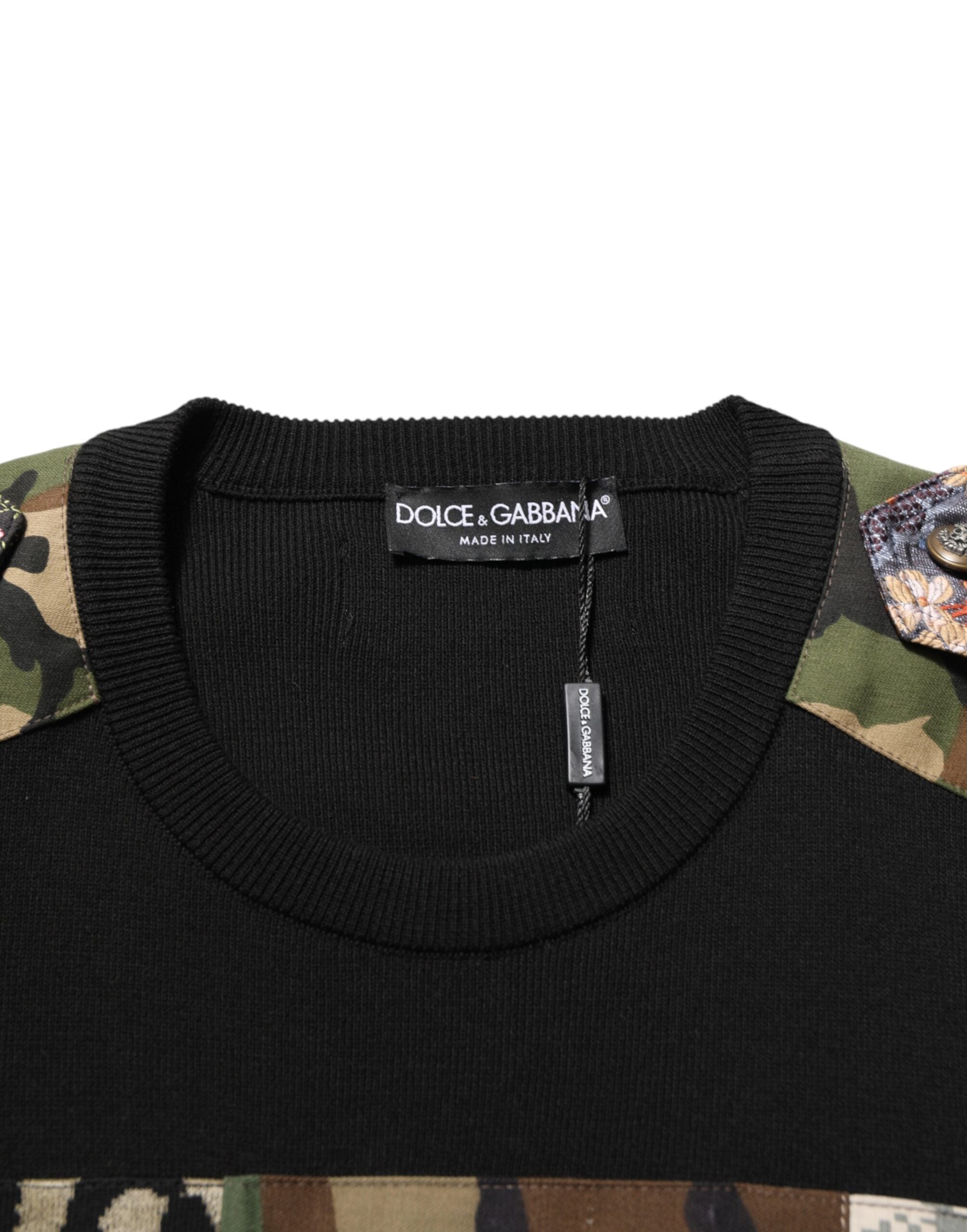 Dolce & Gabbana Schwarzer Patchwork-Pullover mit Rundhalsausschnitt-7