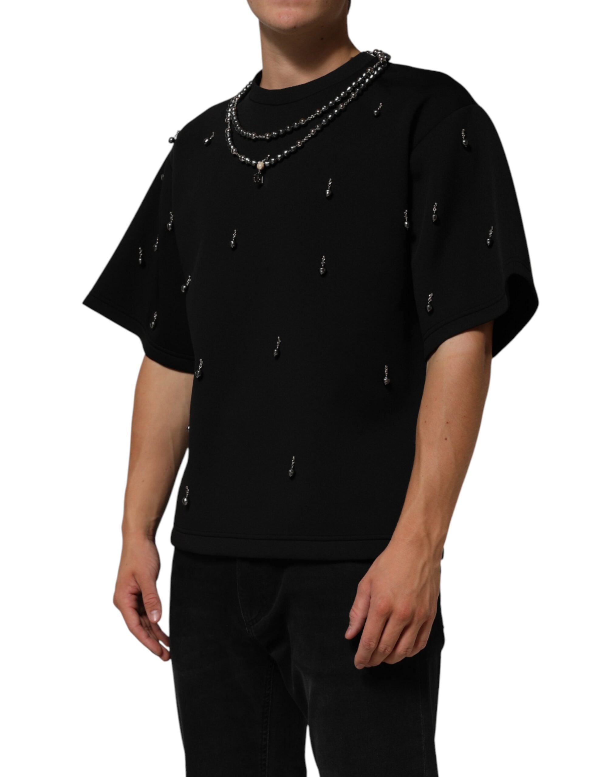 Camiseta negra de poliéster con cuello adornado de Dolce & Gabbana-3