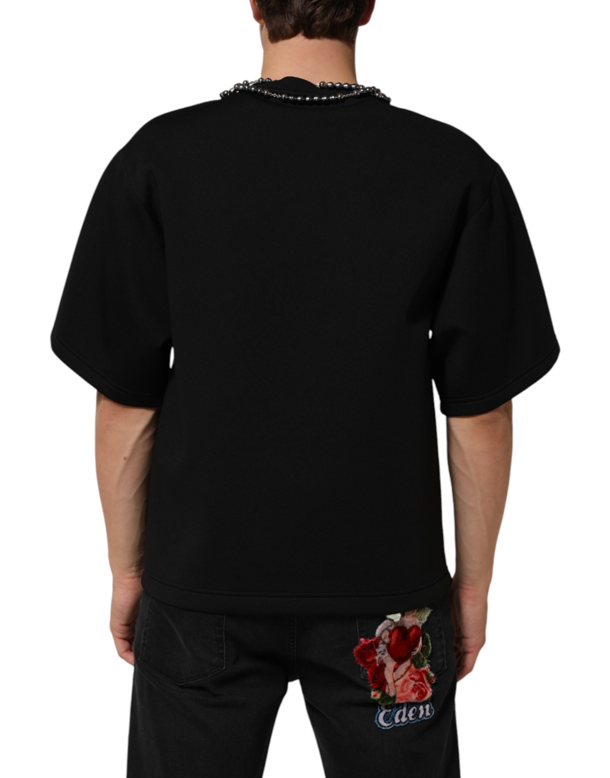 Camiseta negra de poliéster con cuello adornado de Dolce & Gabbana-4