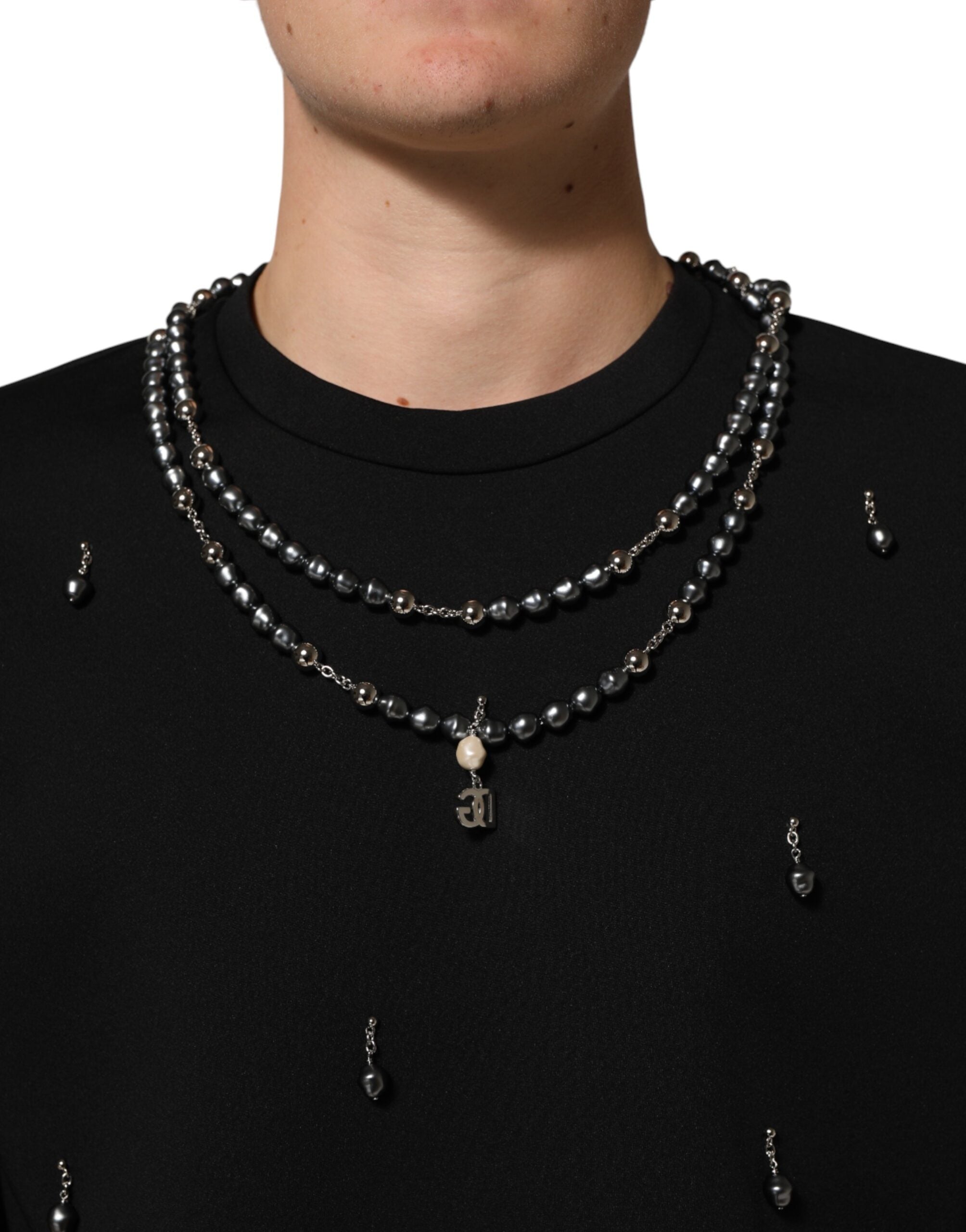 Camiseta negra de poliéster con cuello adornado de Dolce & Gabbana-5