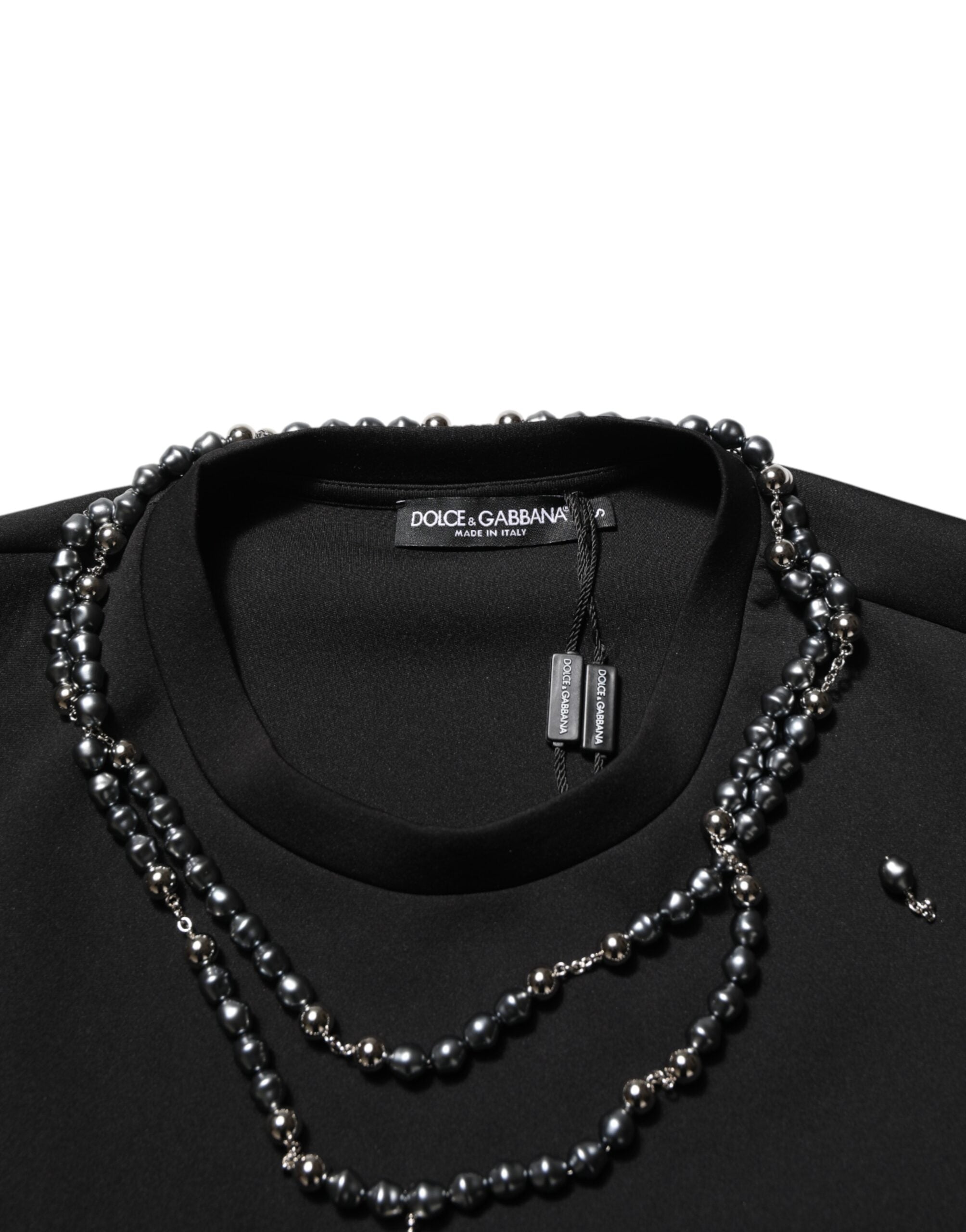 Camiseta negra de poliéster con cuello adornado de Dolce & Gabbana-7