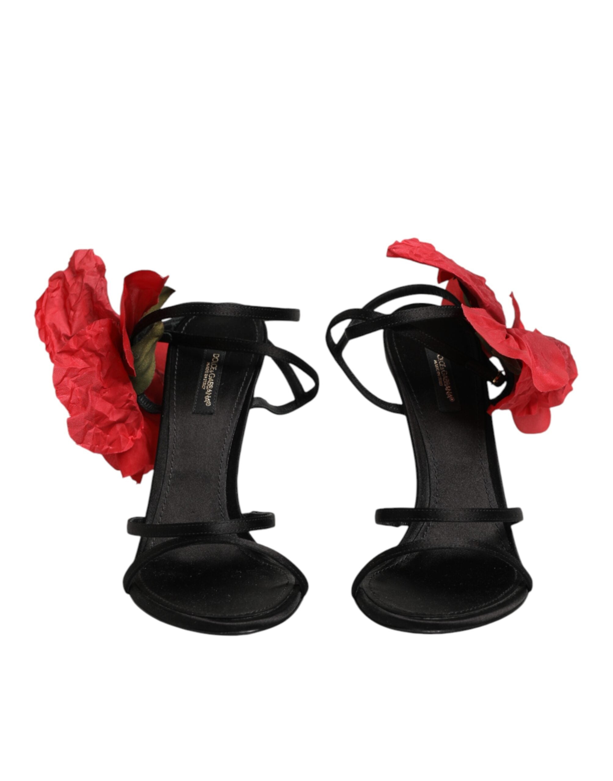 Dolce & Gabbana Schwarze Leder-Sandalen mit Riemchen und Blumen-Applikation-3