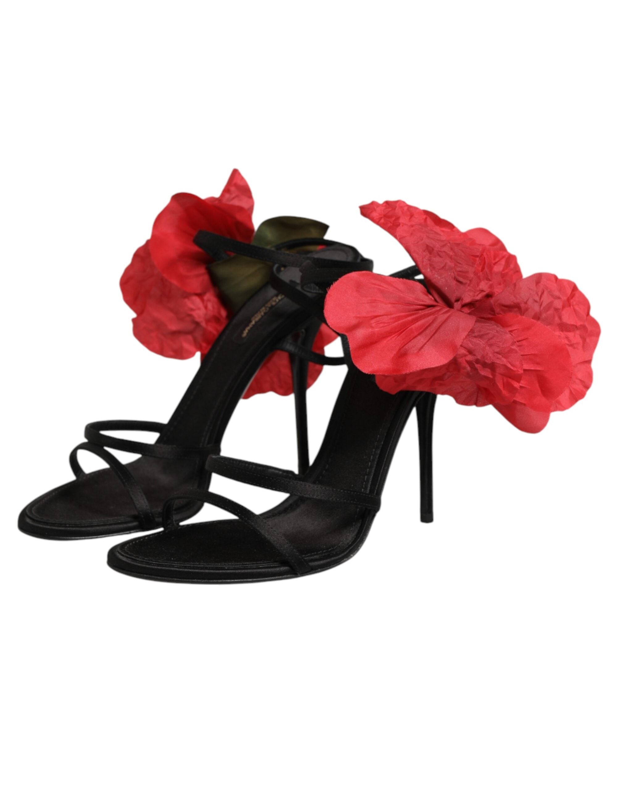 Dolce & Gabbana Schwarze Leder-Sandalen mit Riemchen und Blumen-Applikation-5