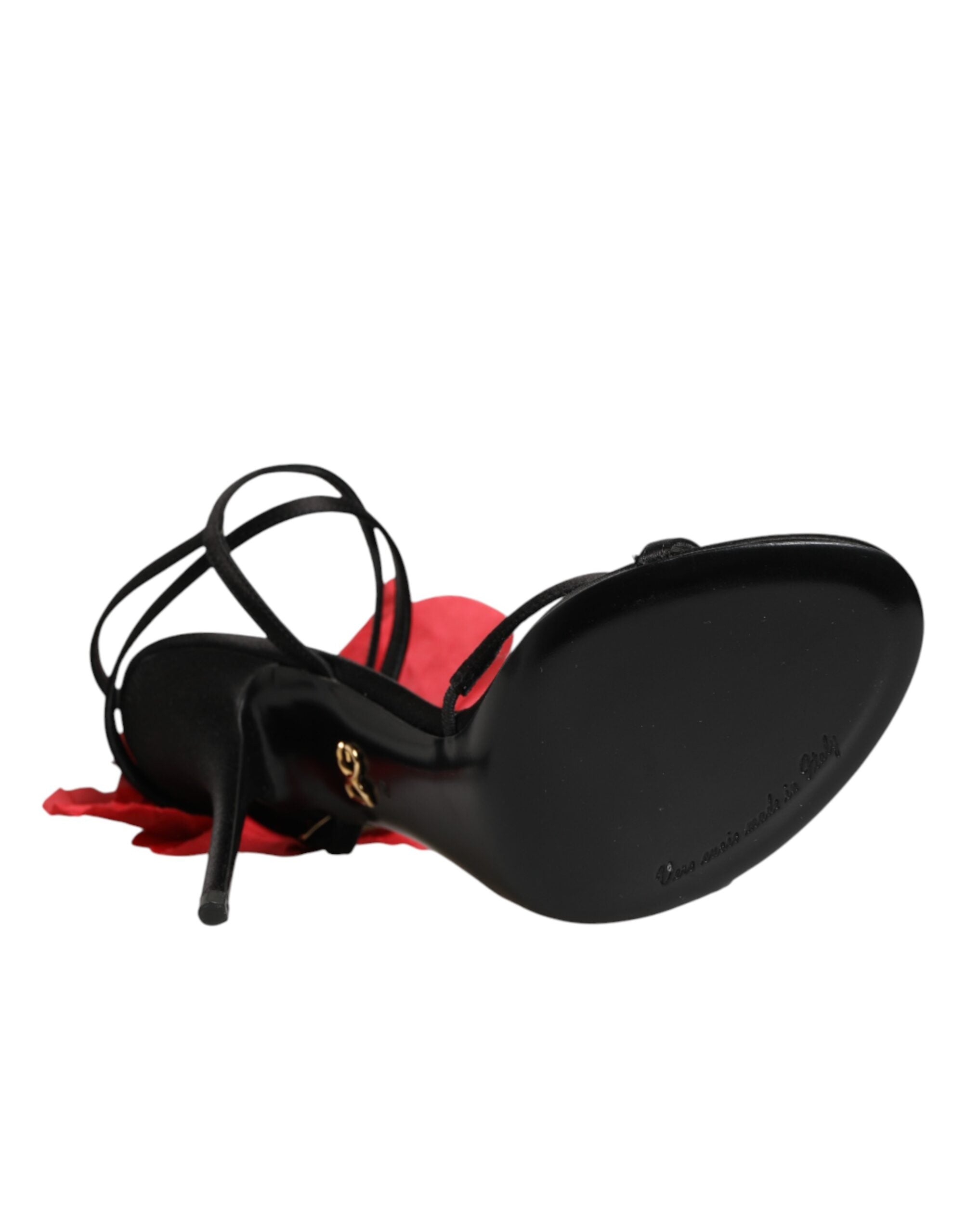 Dolce & Gabbana Schwarze Leder-Sandalen mit Riemchen und Blumen-Applikation-8
