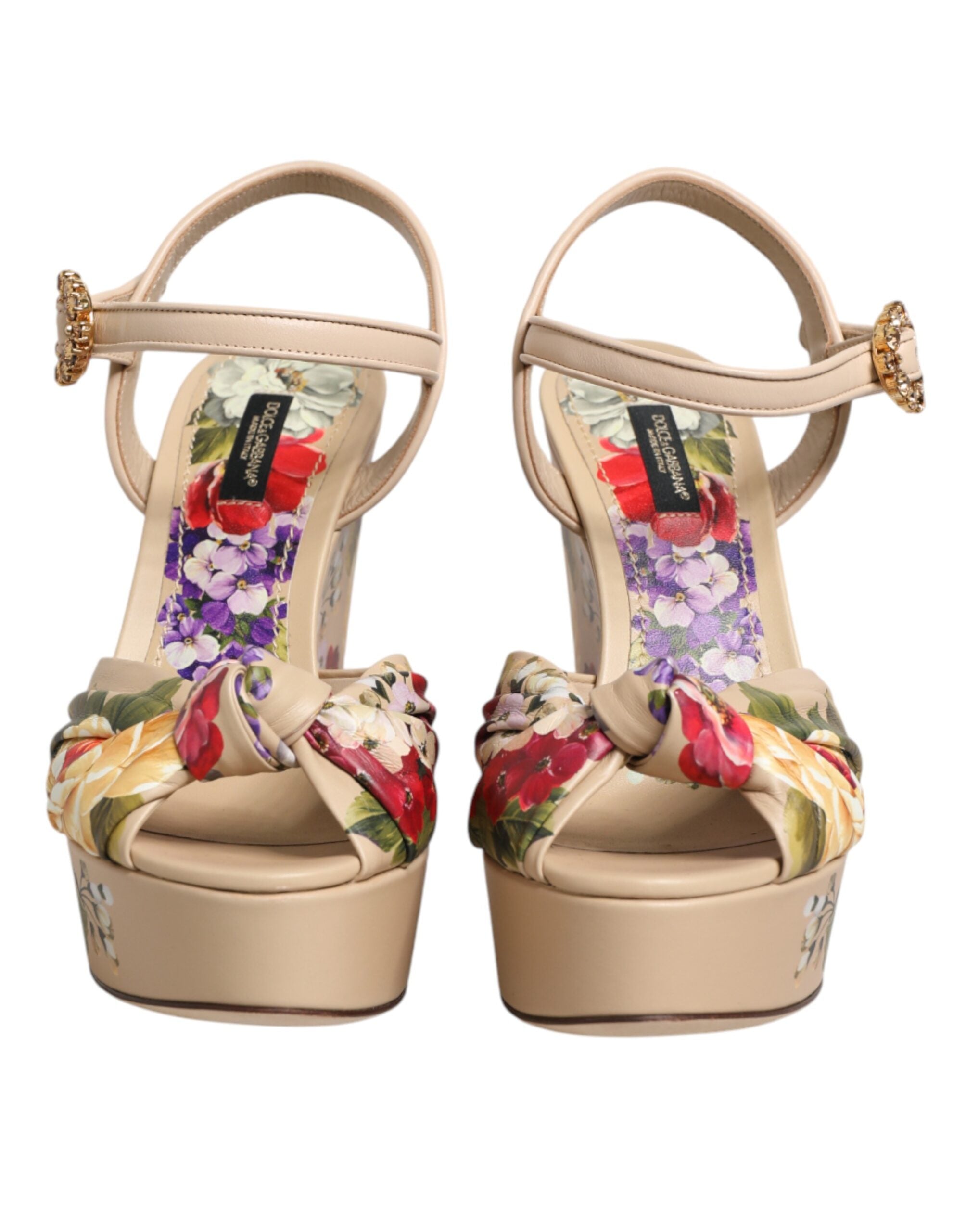 Sandalias de cuña beige Dolce & Gabbana con estampado floral y tira en el tobillo-3