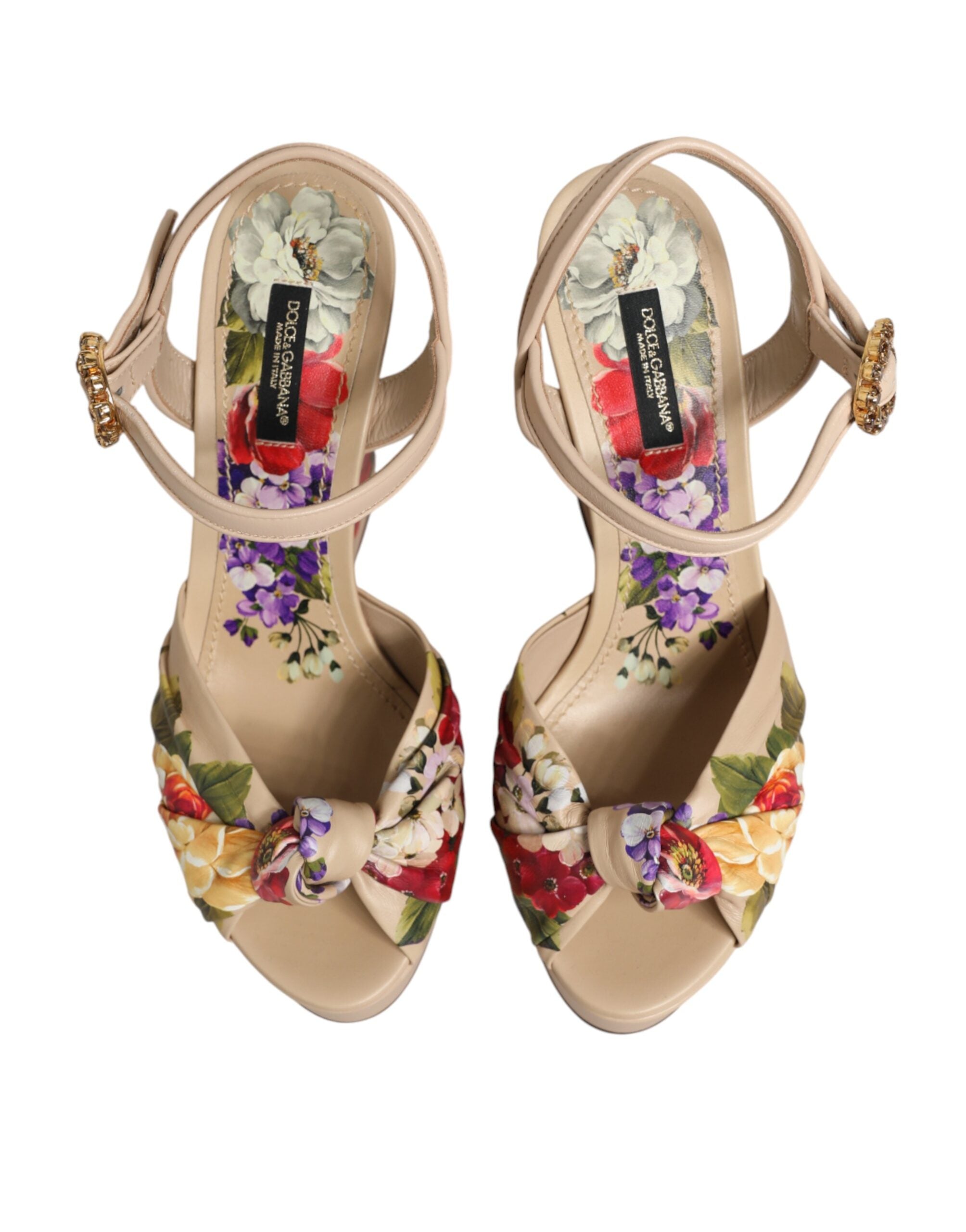 Sandalias de cuña beige Dolce & Gabbana con estampado floral y tira en el tobillo-4