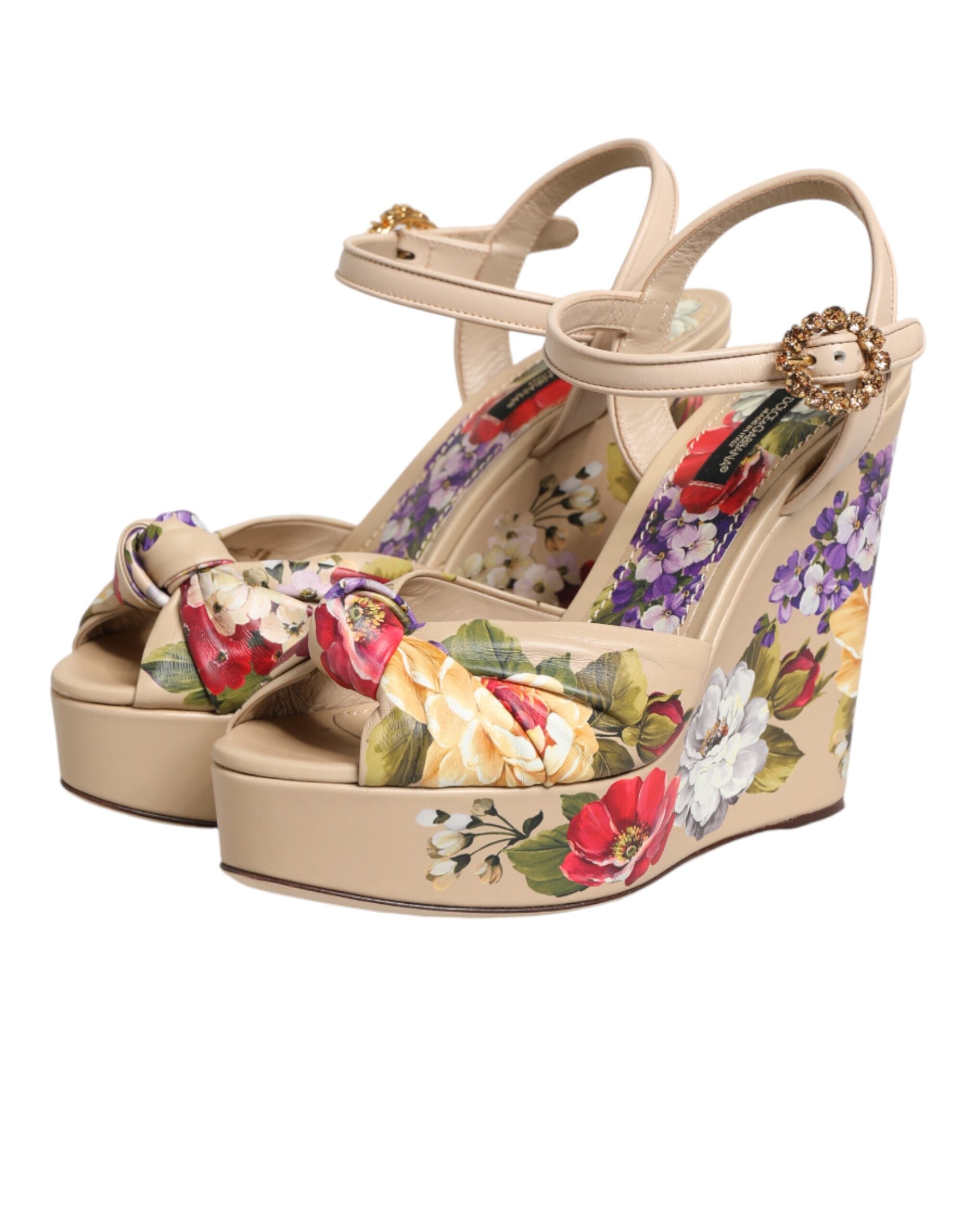 Sandalias de cuña beige Dolce & Gabbana con estampado floral y tira en el tobillo-5