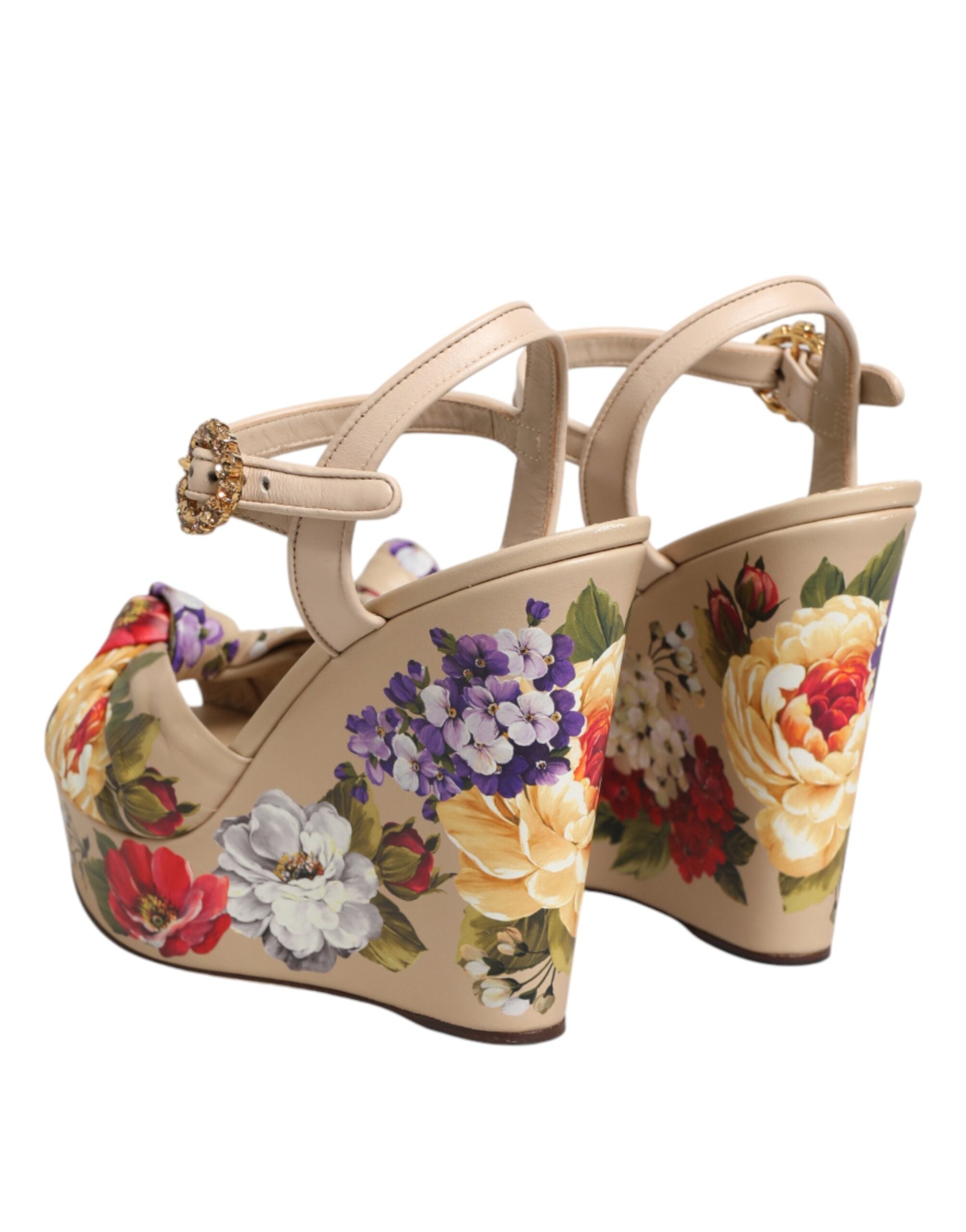 Sandalias de cuña beige Dolce & Gabbana con estampado floral y tira en el tobillo-6