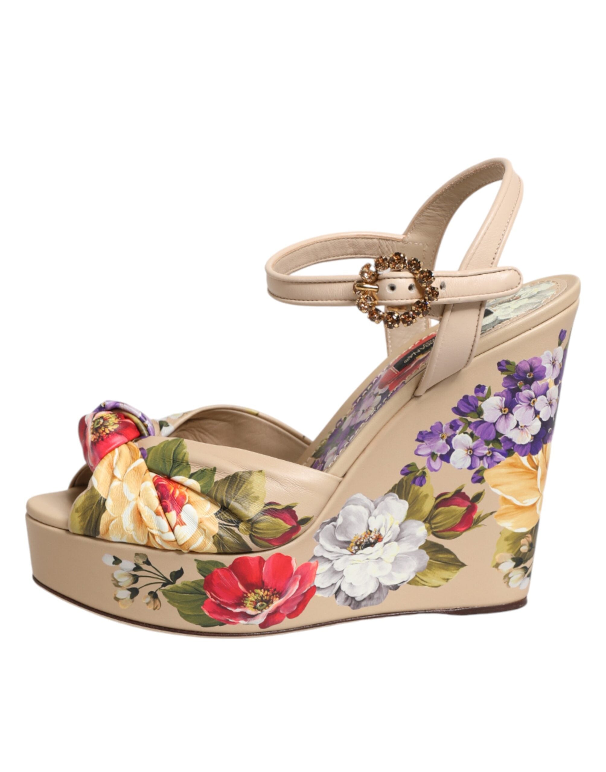 Sandalias de cuña beige Dolce & Gabbana con estampado floral y tira en el tobillo-7