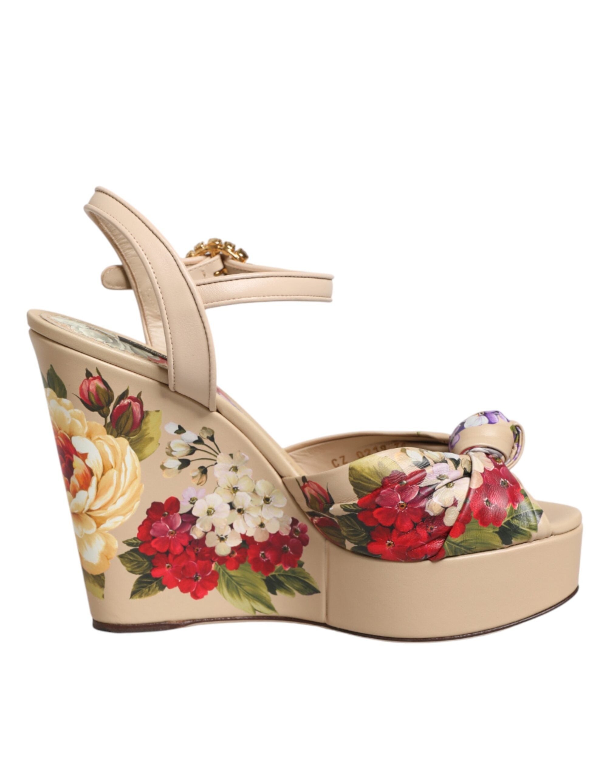 Sandalias de cuña beige Dolce & Gabbana con estampado floral y tira en el tobillo-2