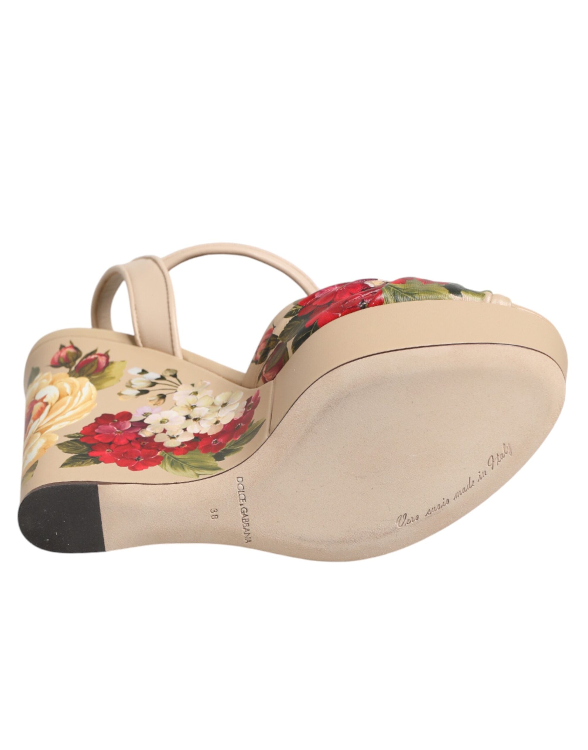 Sandalias de cuña beige Dolce & Gabbana con estampado floral y tira en el tobillo-8