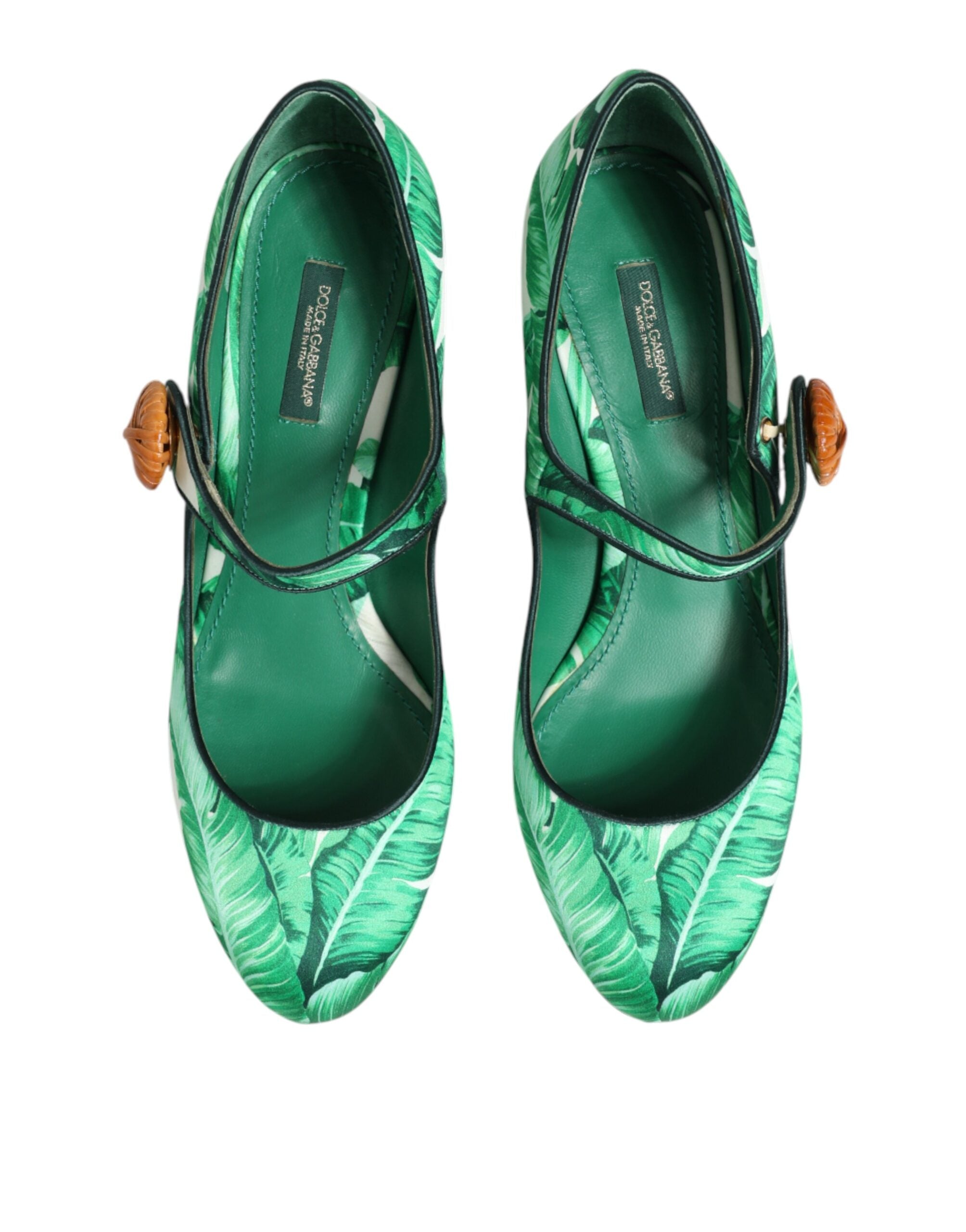 Dolce & Gabbana Green Silk Mary Janes with Leaf Detail-4