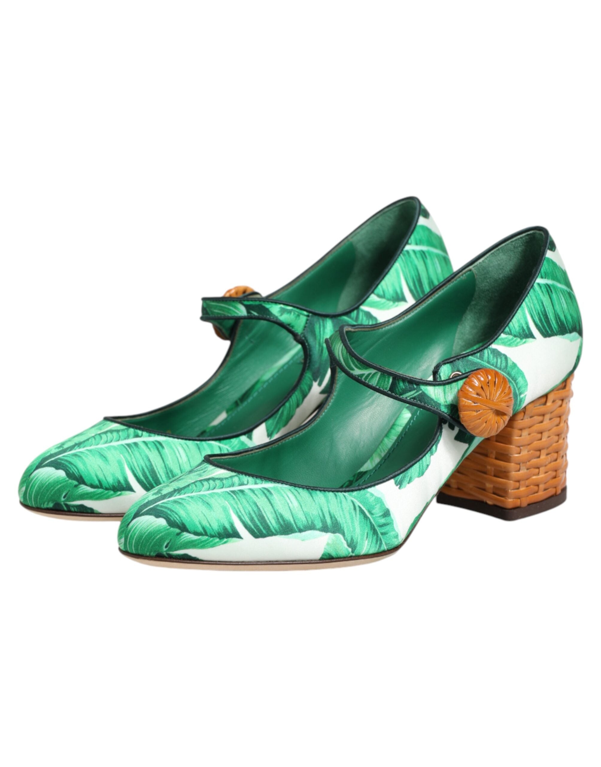 Dolce & Gabbana Green Silk Mary Janes with Leaf Detail-5