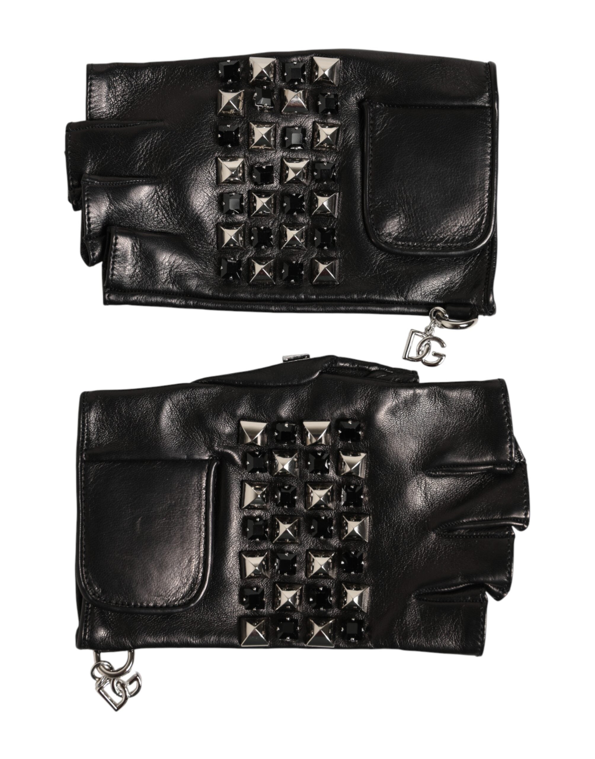 Dolce & Gabbana Black Fingerless Leather Gloves with Studs for Men-2