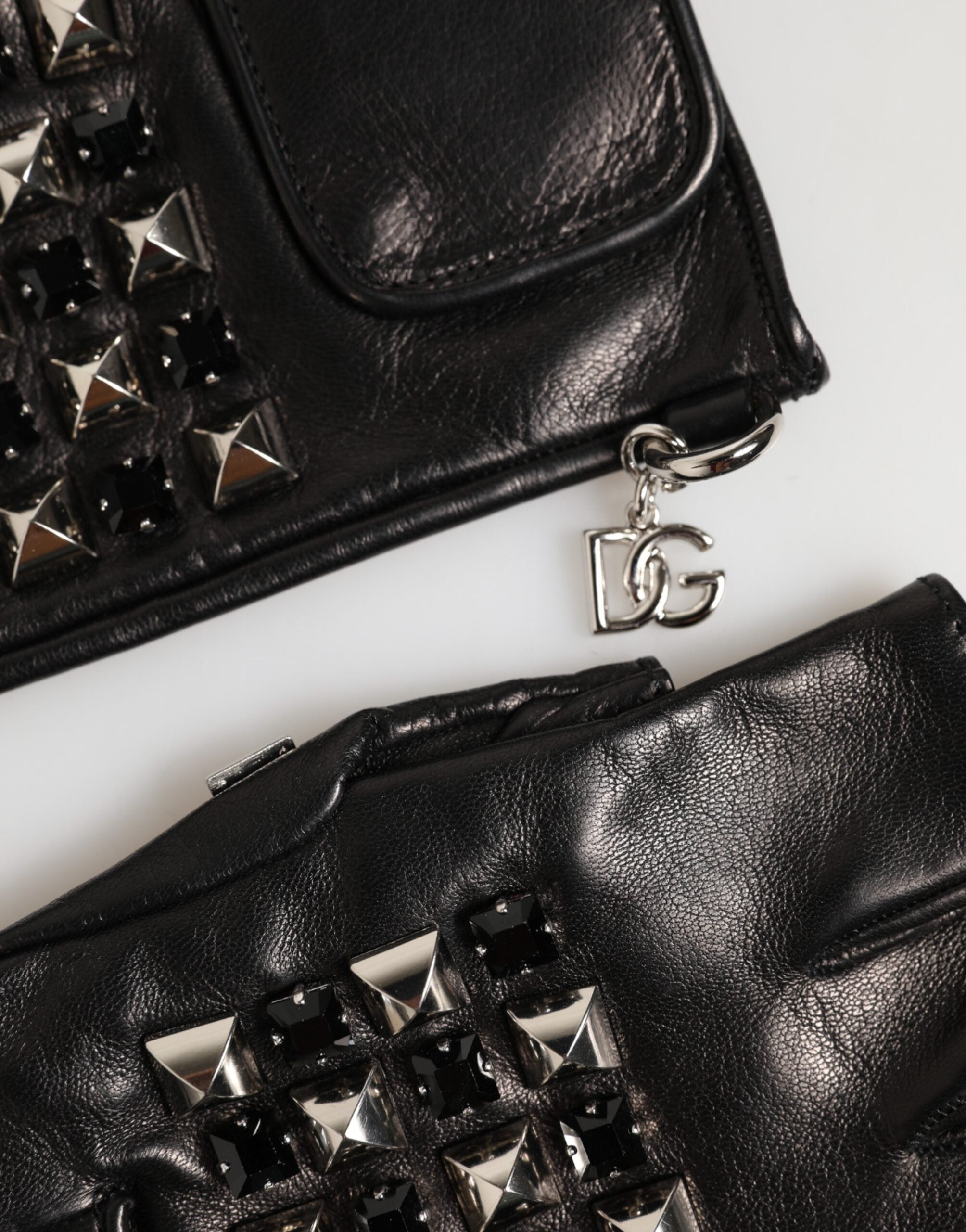 Dolce & Gabbana Black Fingerless Leather Gloves with Studs for Men-3