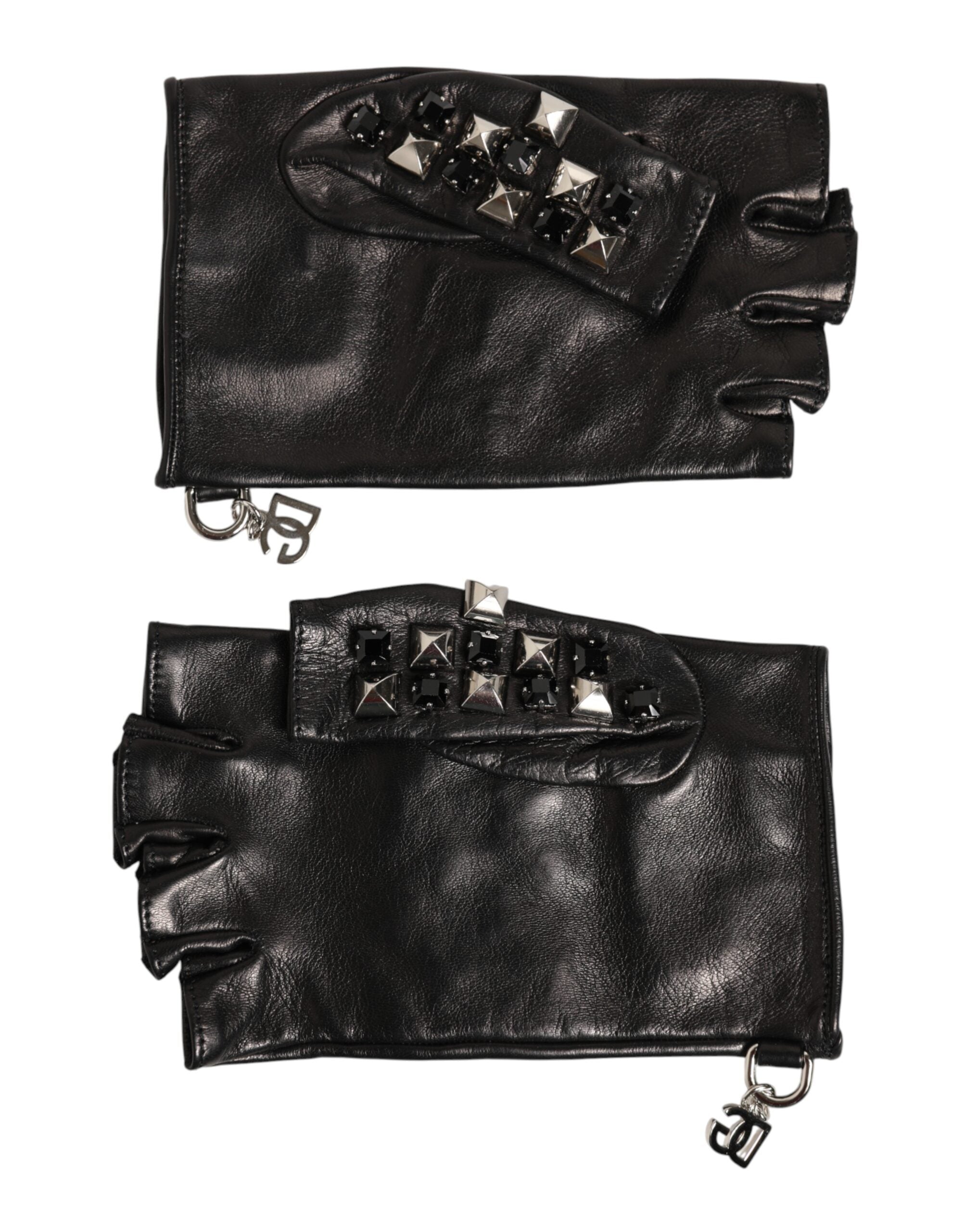 Dolce & Gabbana Black Fingerless Leather Gloves with Studs for Men