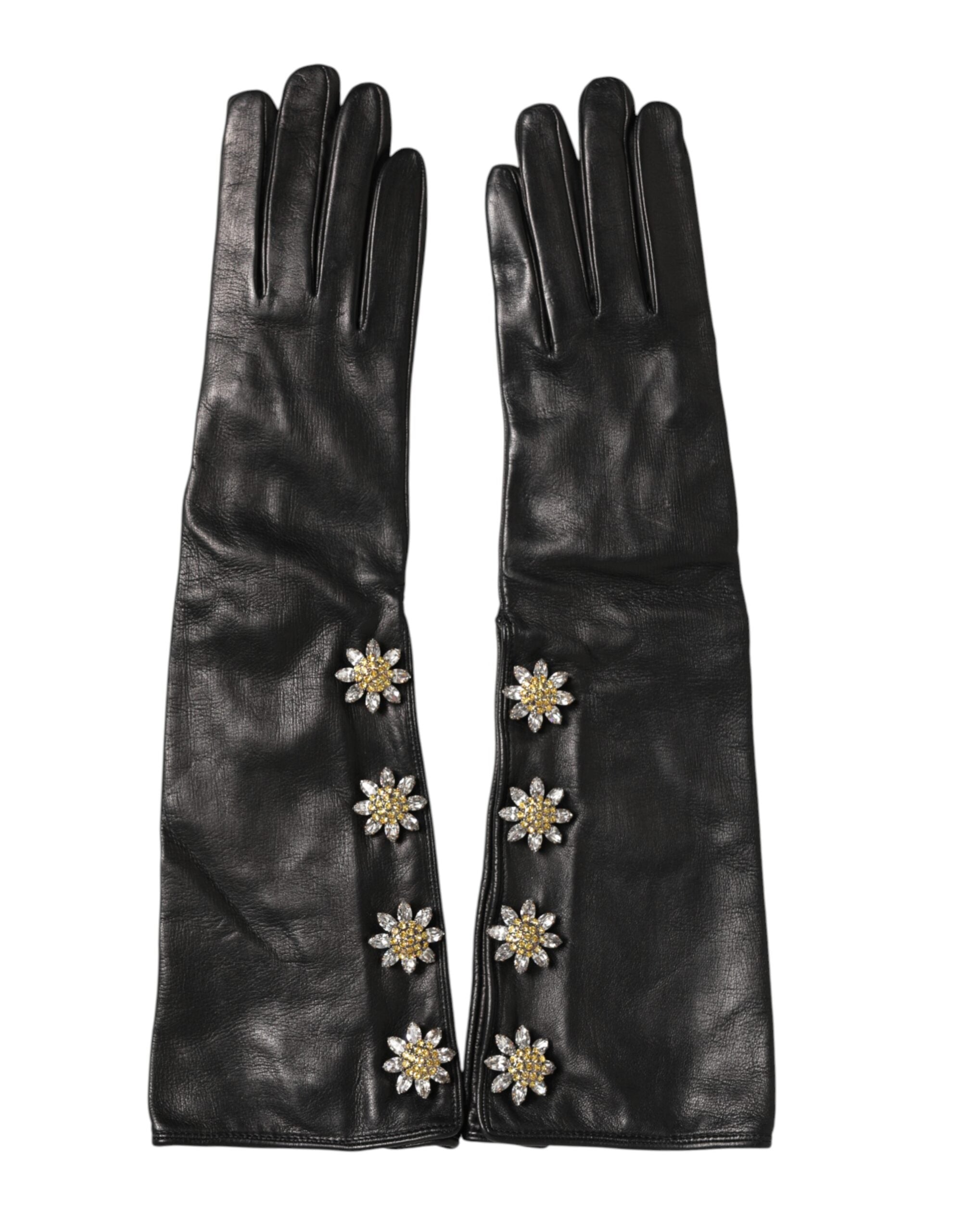 Dolce & Gabbana Schwarze Lederhandschuhe mit Verzierungen und langer Stulpe-1