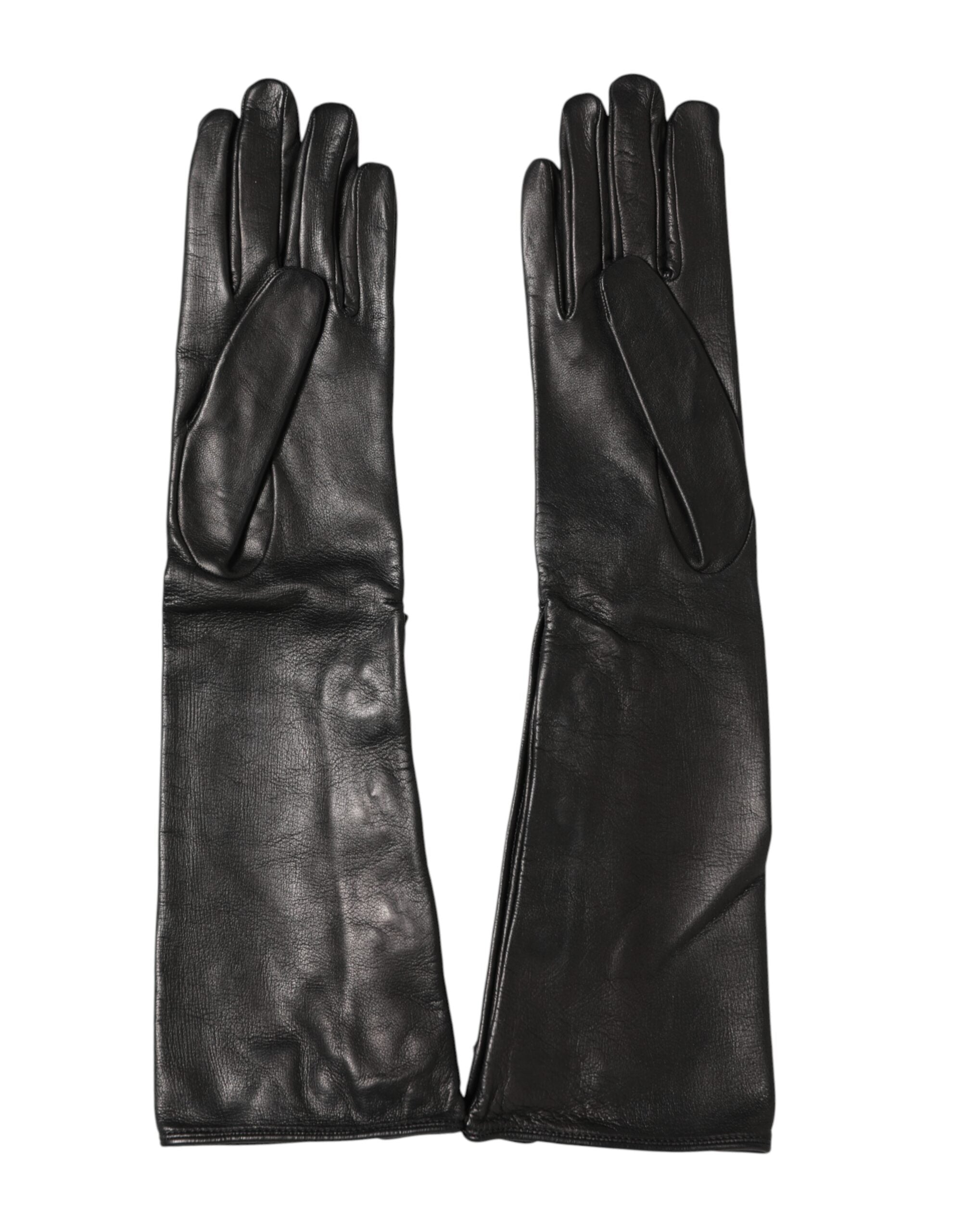 Dolce & Gabbana Schwarze Lederhandschuhe mit Verzierungen und langer Stulpe-5