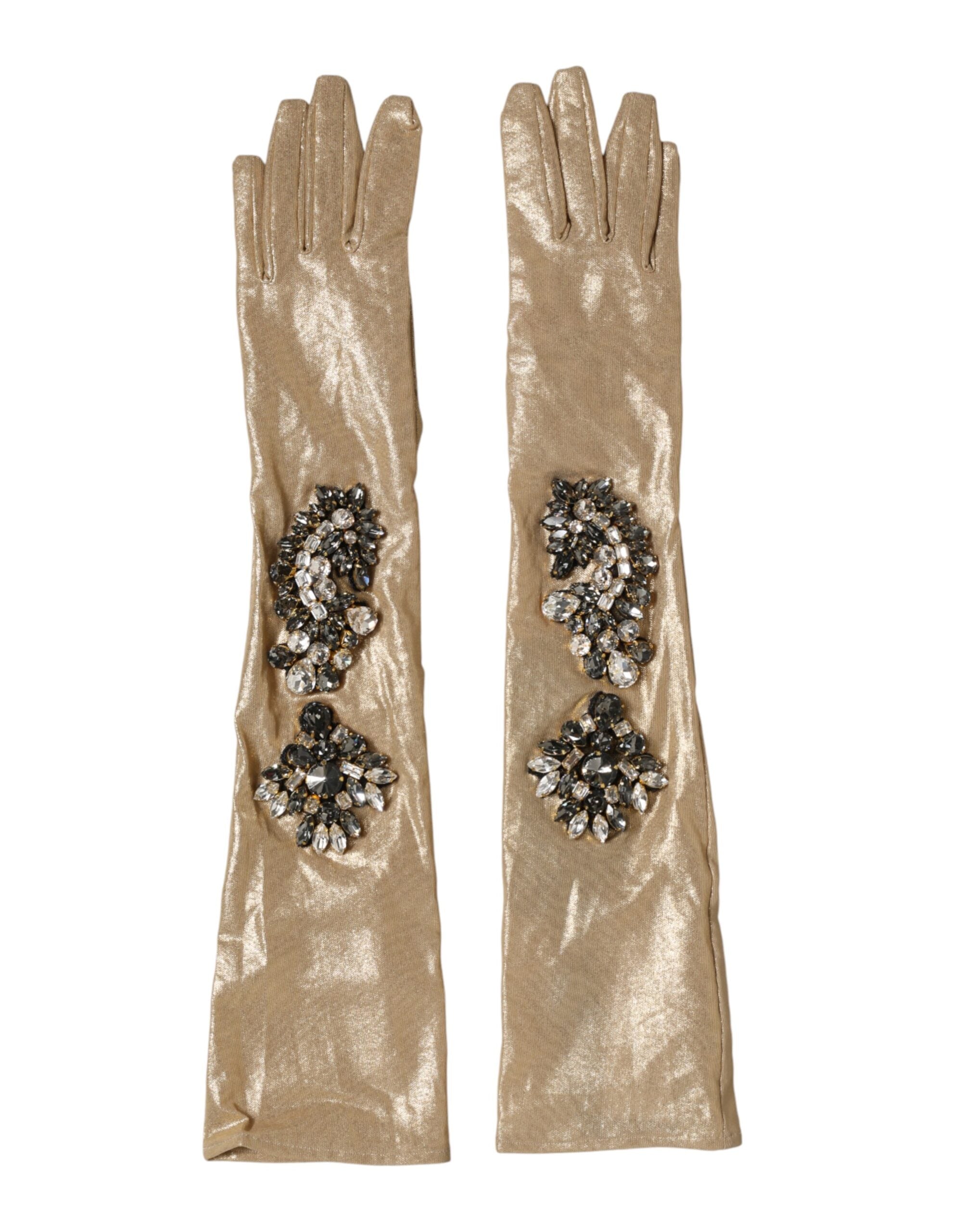 Dolce & Gabbana Beigefarbene Satin-Kristall-Ellbogenhandschuhe-1