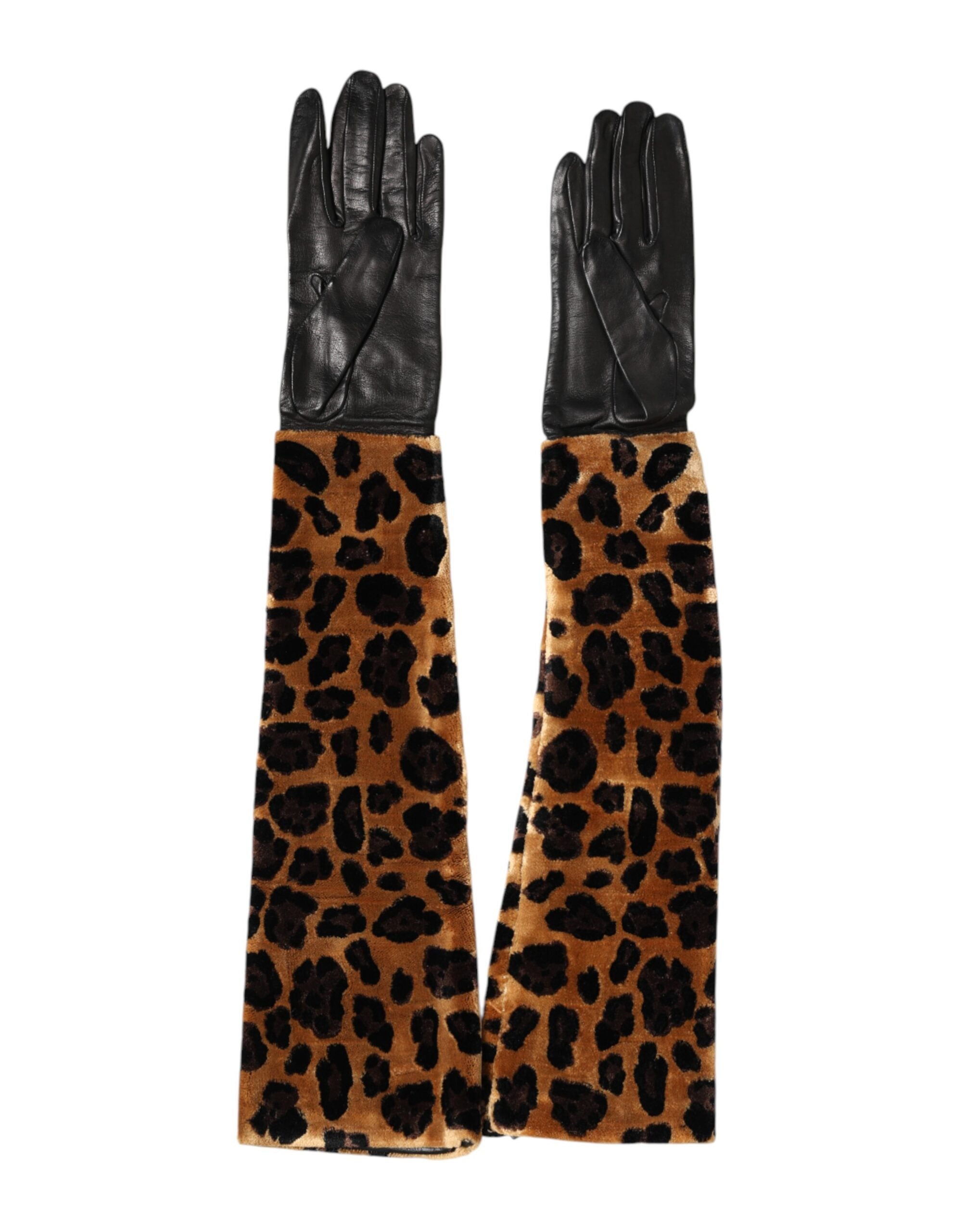 Guantes hasta el codo de piel de leopardo marrón y negro de Dolce & Gabbana-1