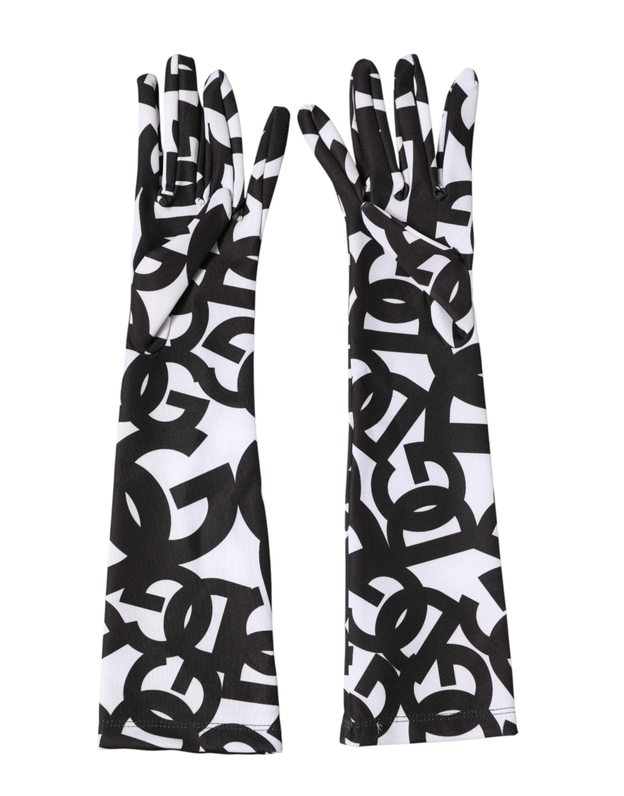 Dolce & Gabbana Schwarze und Weiße DG Logo Ellenbogenlange Fingerhandschuhe-5