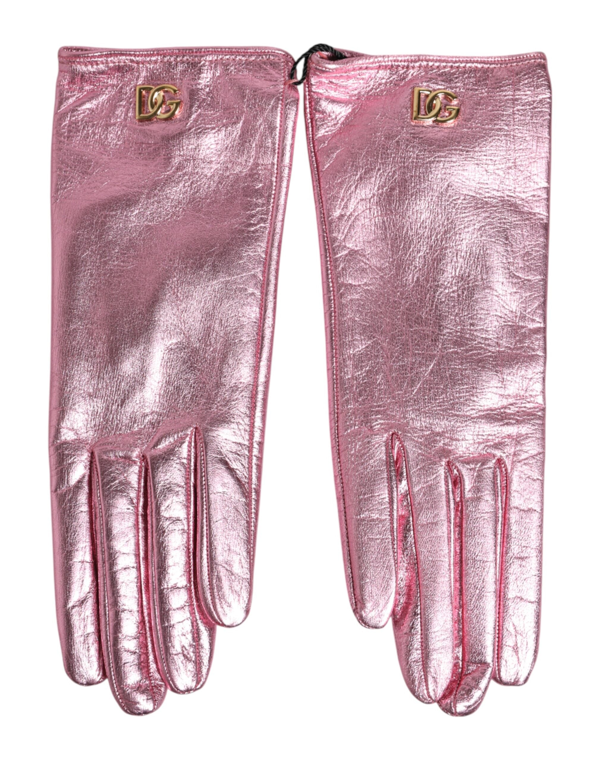 Dolce & Gabbana Rosa Lederhandschuhe mit DG-Logo und Stulpe-3