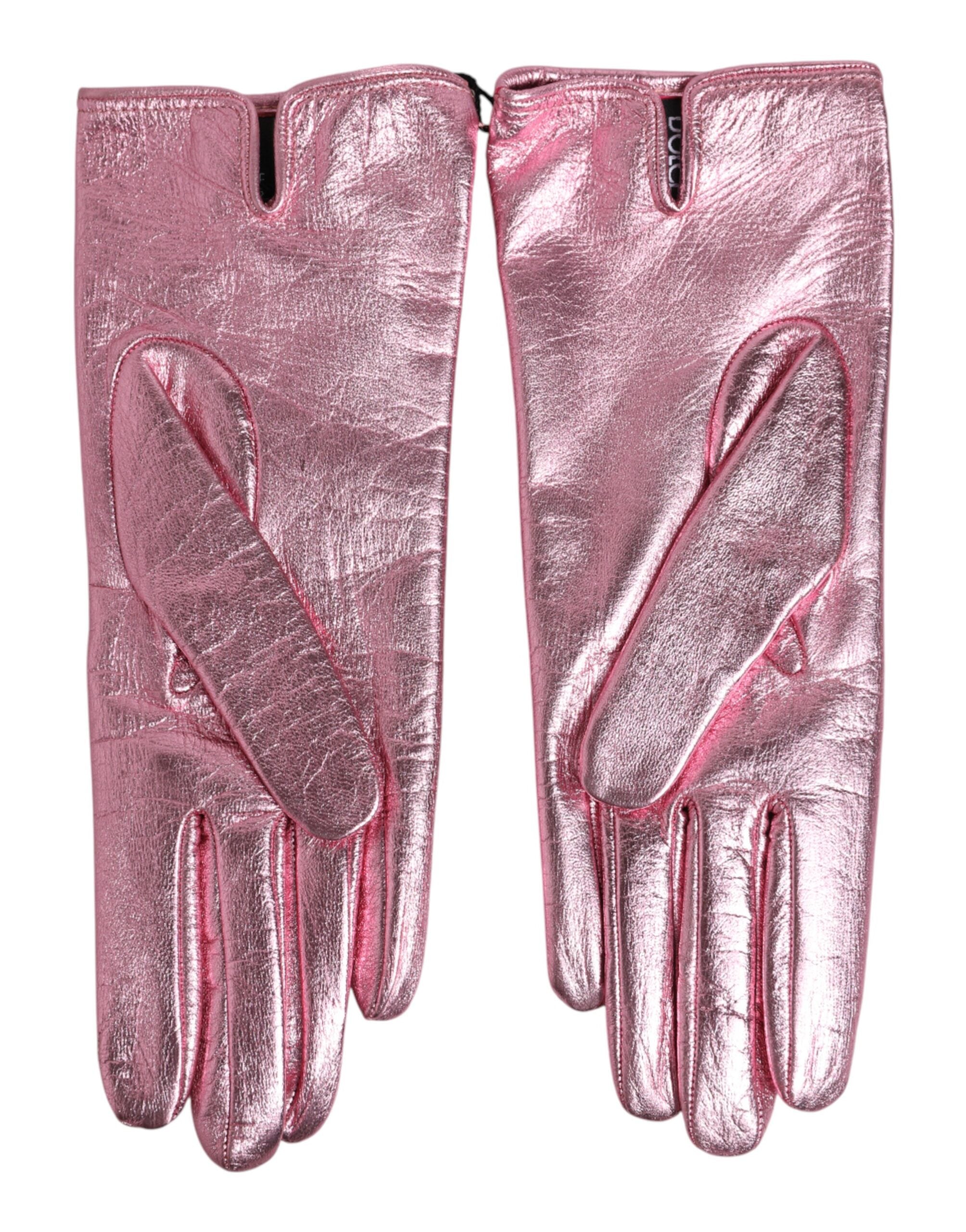 Dolce & Gabbana Rosa Lederhandschuhe mit DG-Logo und Stulpe-4
