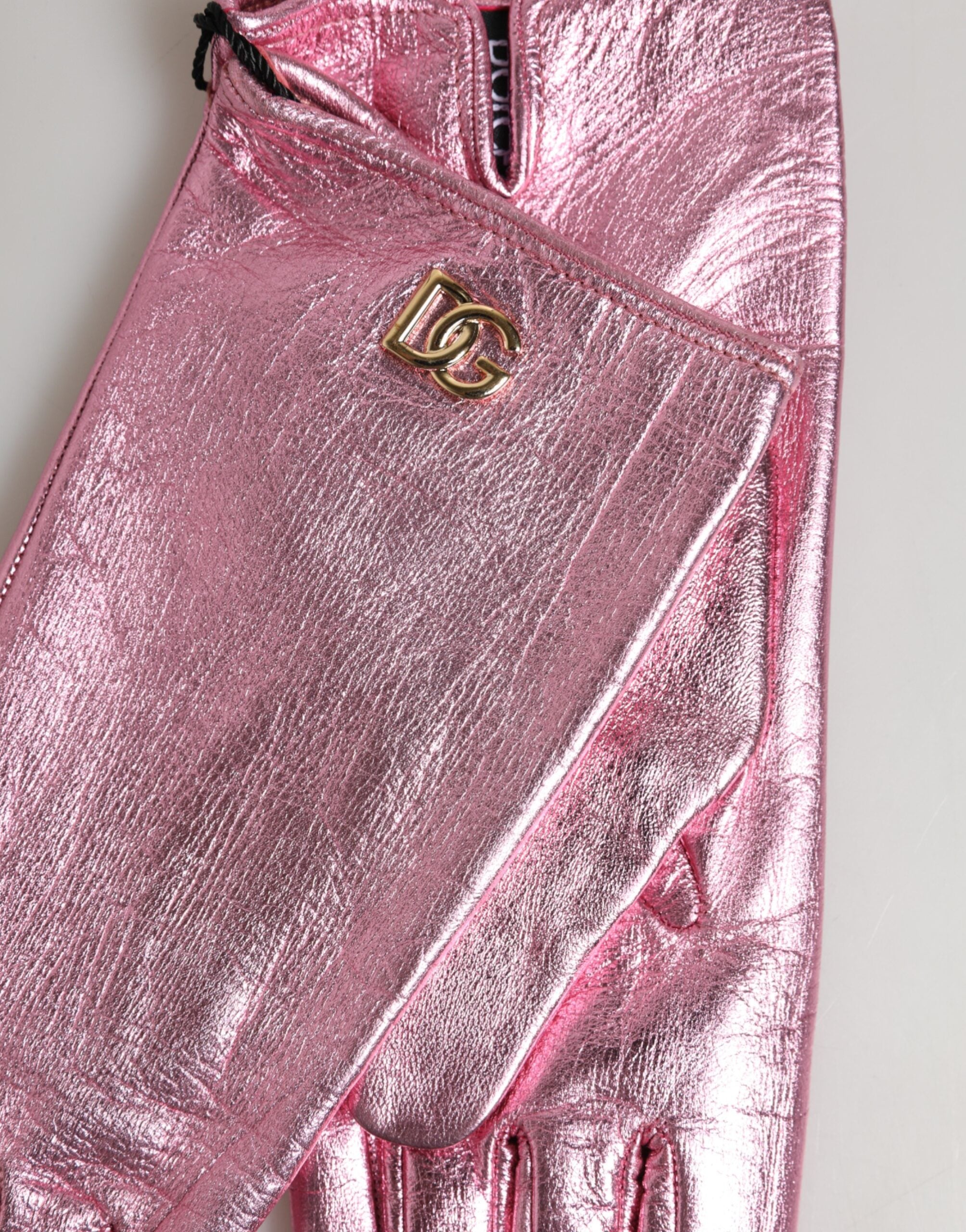 Dolce & Gabbana Rosa Lederhandschuhe mit DG-Logo und Stulpe-5