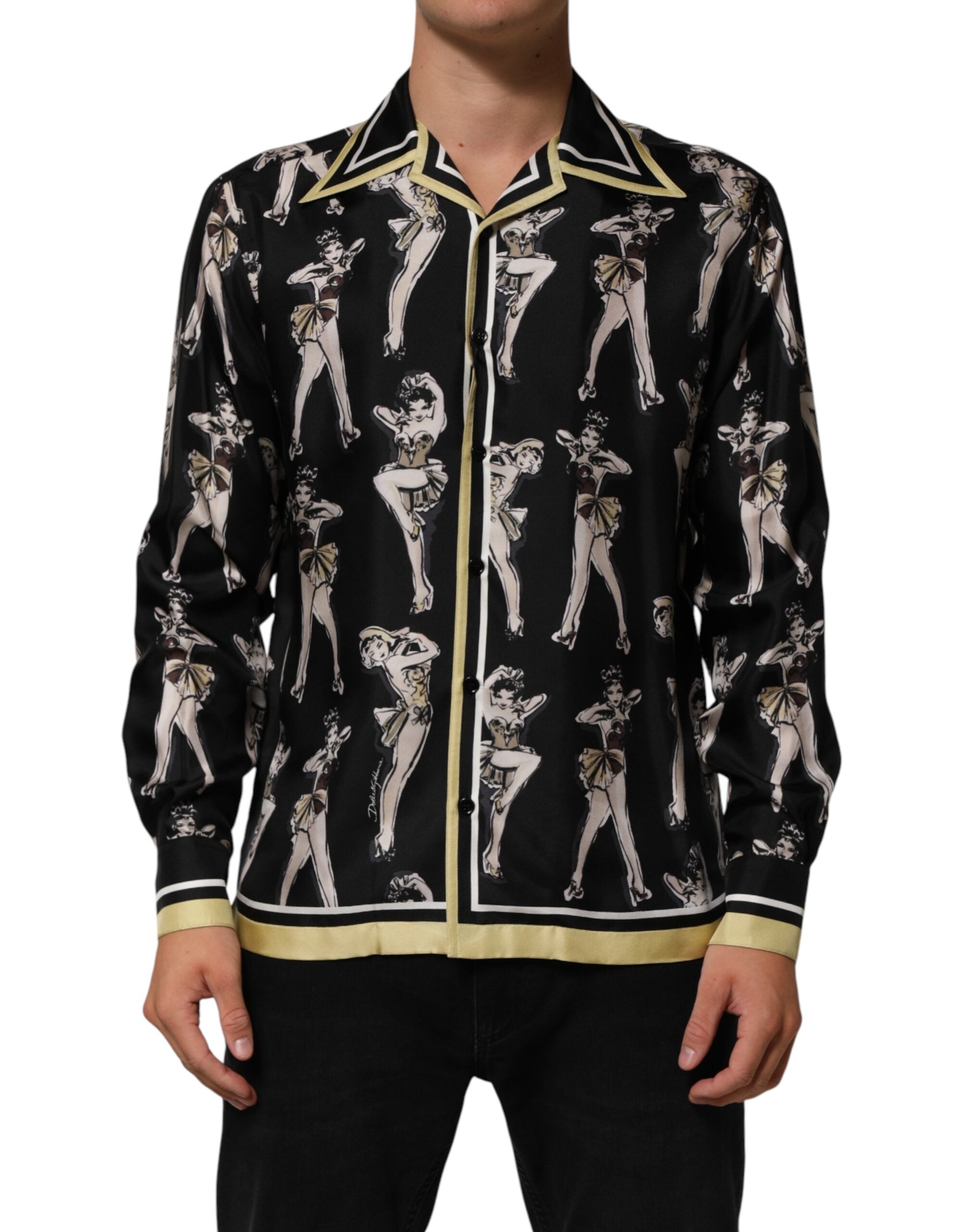 Dolce & Gabbana Schwarzes Seidenhemd mit Pin-Up-Print und Knopfleiste-1