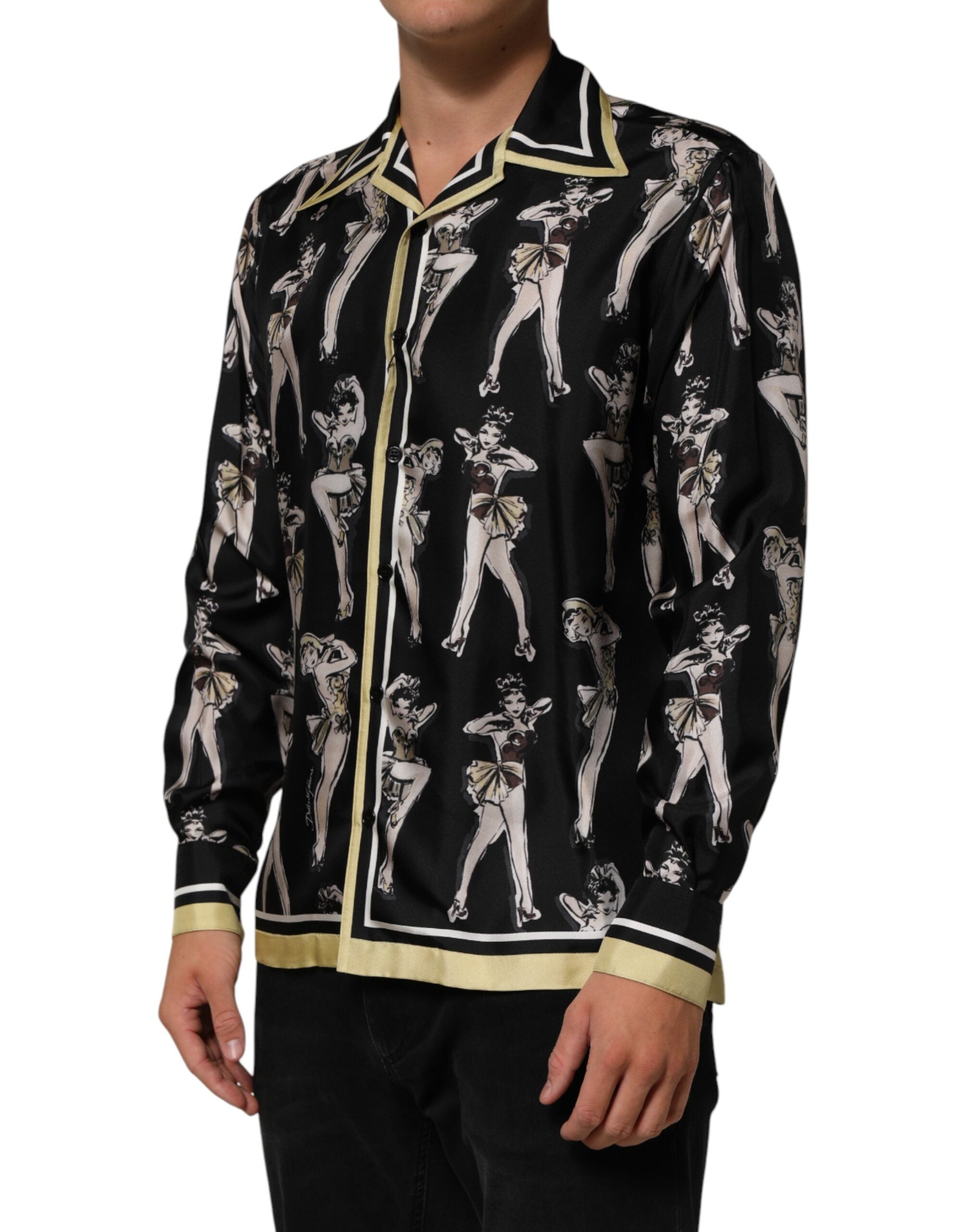 Dolce & Gabbana Schwarzes Seidenhemd mit Pin-Up-Print und Knopfleiste-3