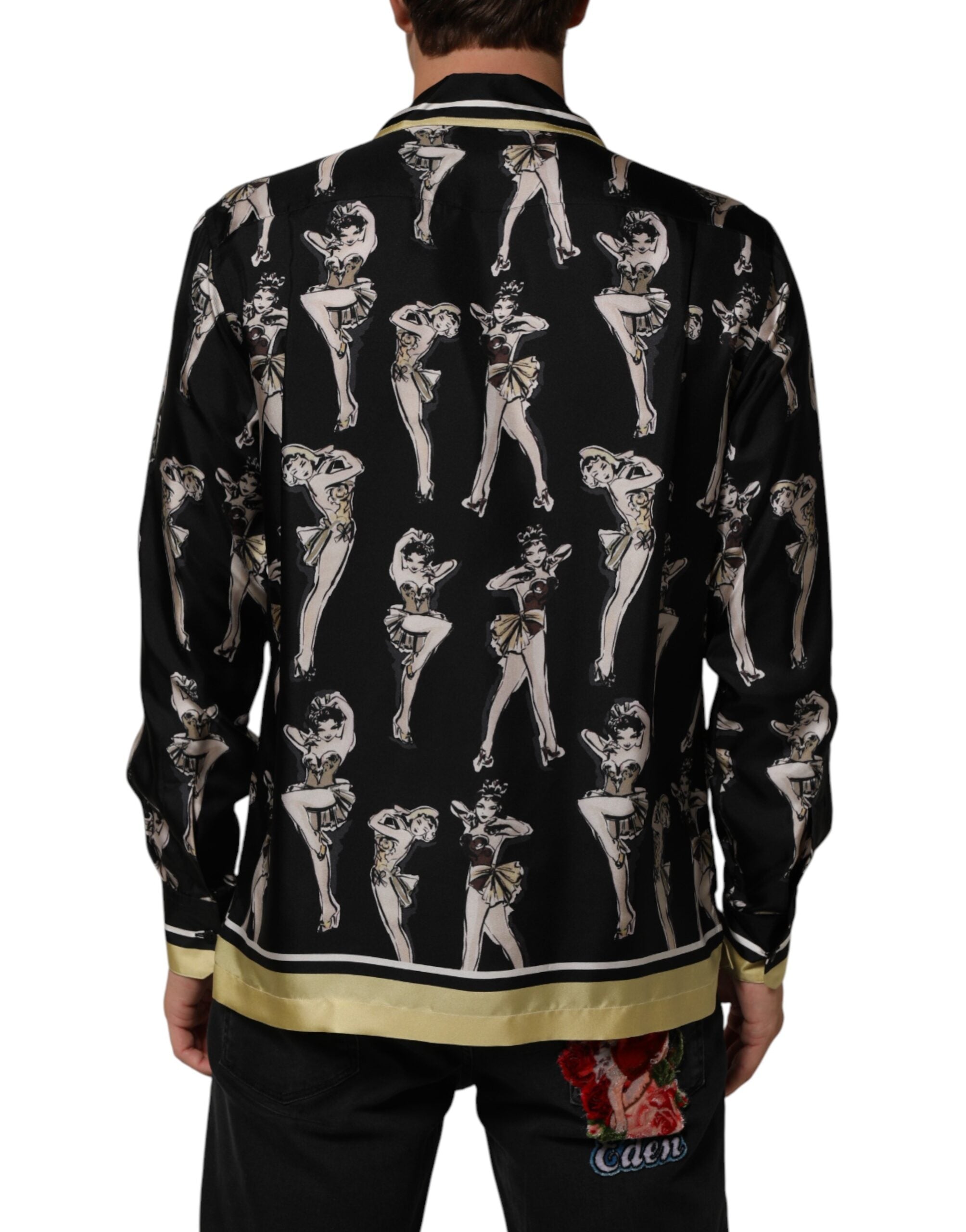 Dolce & Gabbana Schwarzes Seidenhemd mit Pin-Up-Print und Knopfleiste-4