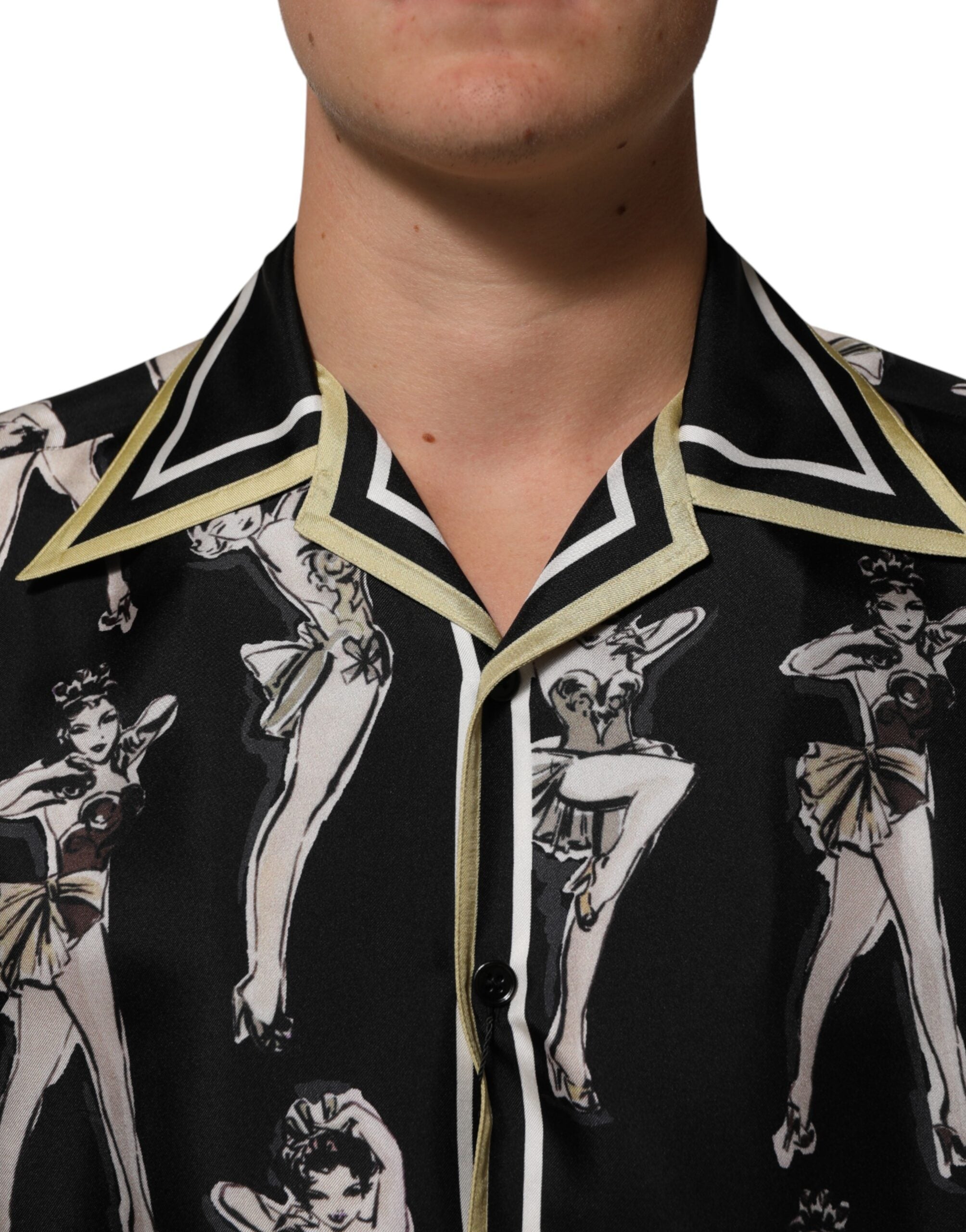 Dolce & Gabbana Schwarzes Seidenhemd mit Pin-Up-Print und Knopfleiste-5