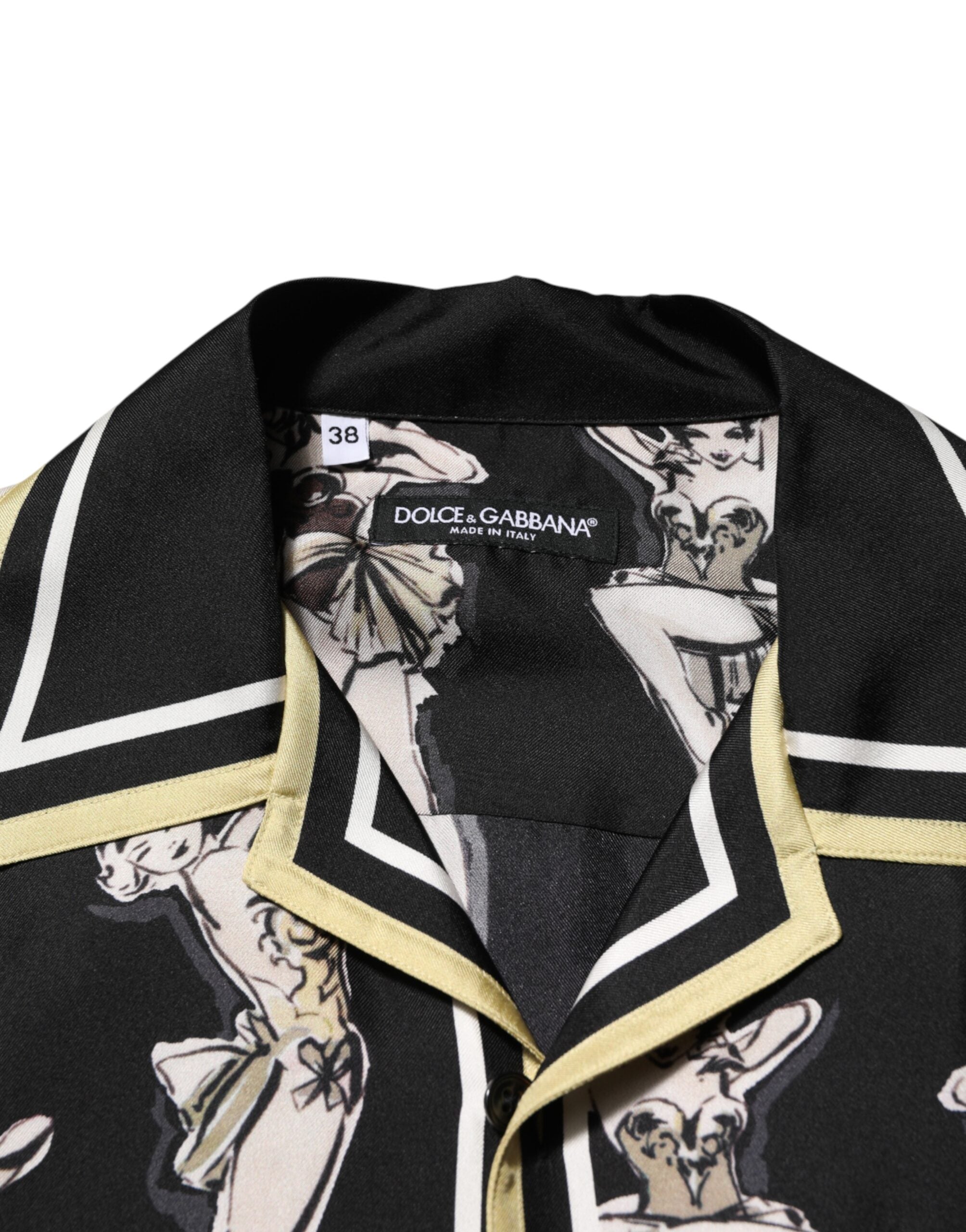 Dolce & Gabbana Schwarzes Seidenhemd mit Pin-Up-Print und Knopfleiste-7