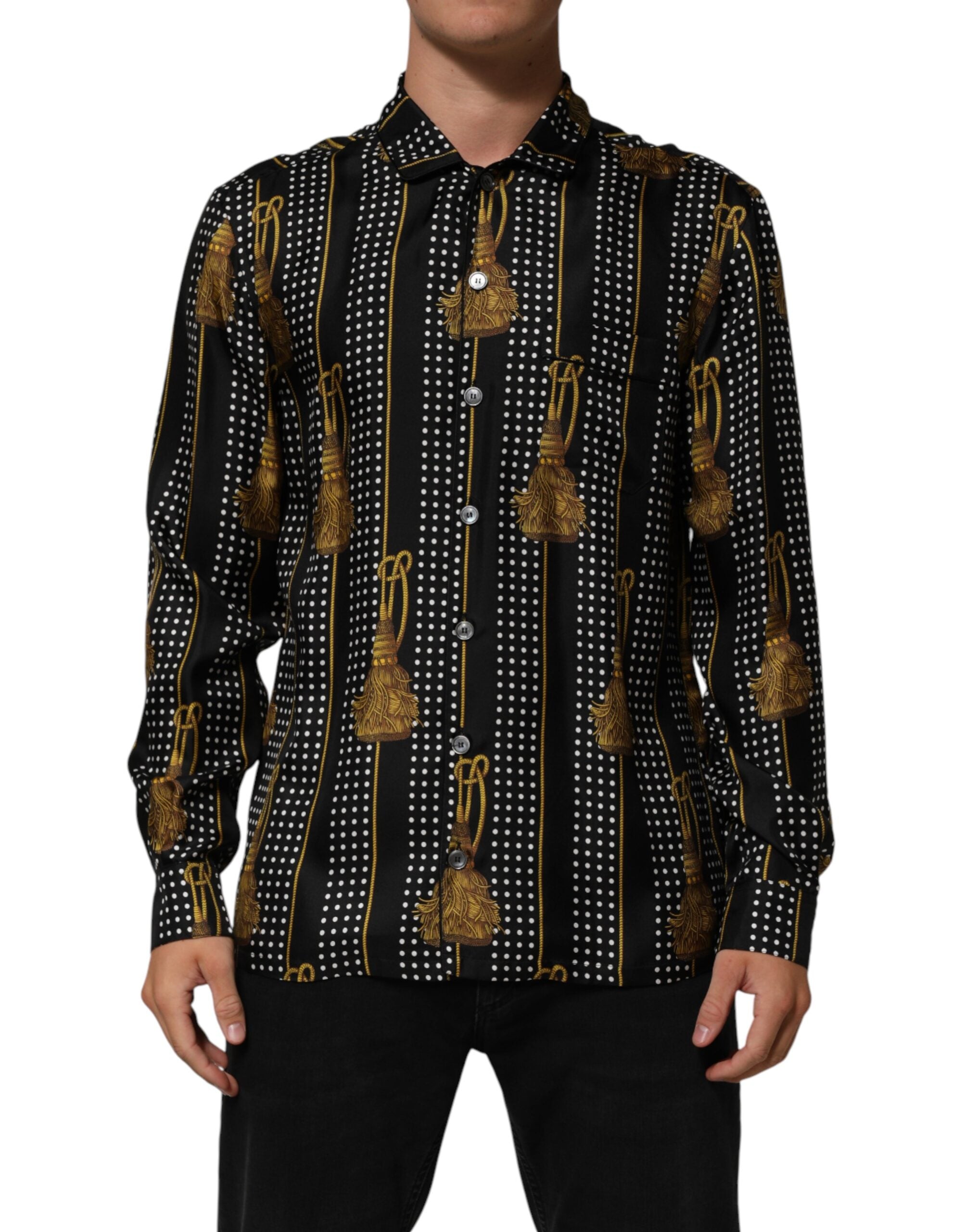 Camisa de seda negra con lunares y borlas de Dolce & Gabbana-2