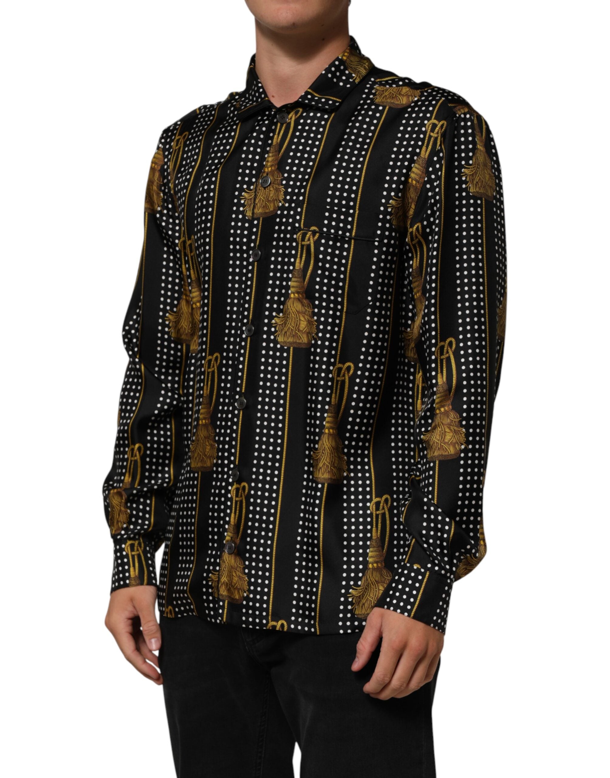 Camisa de seda negra con lunares y borlas de Dolce & Gabbana-3