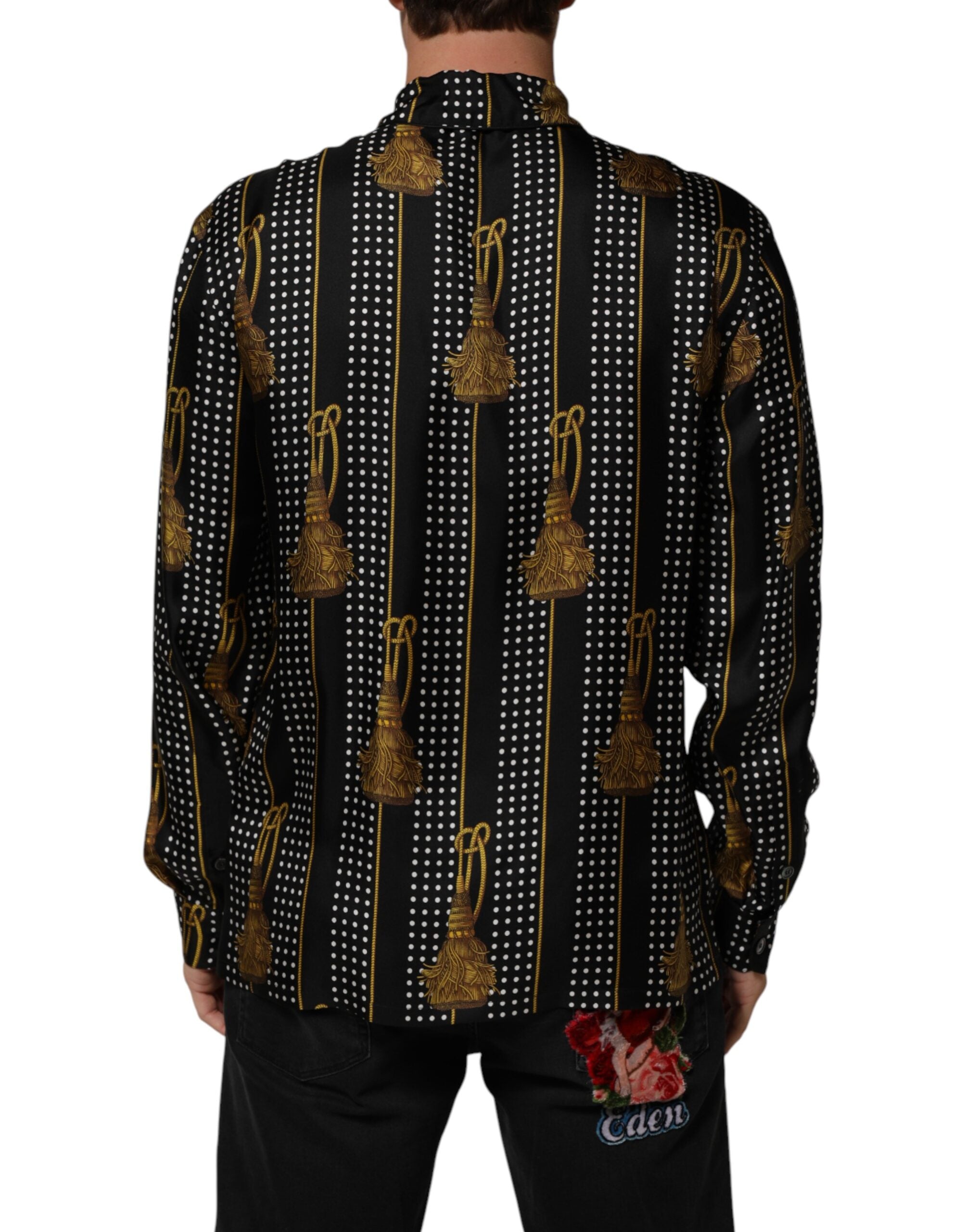 Camisa de seda negra con lunares y borlas de Dolce & Gabbana-4