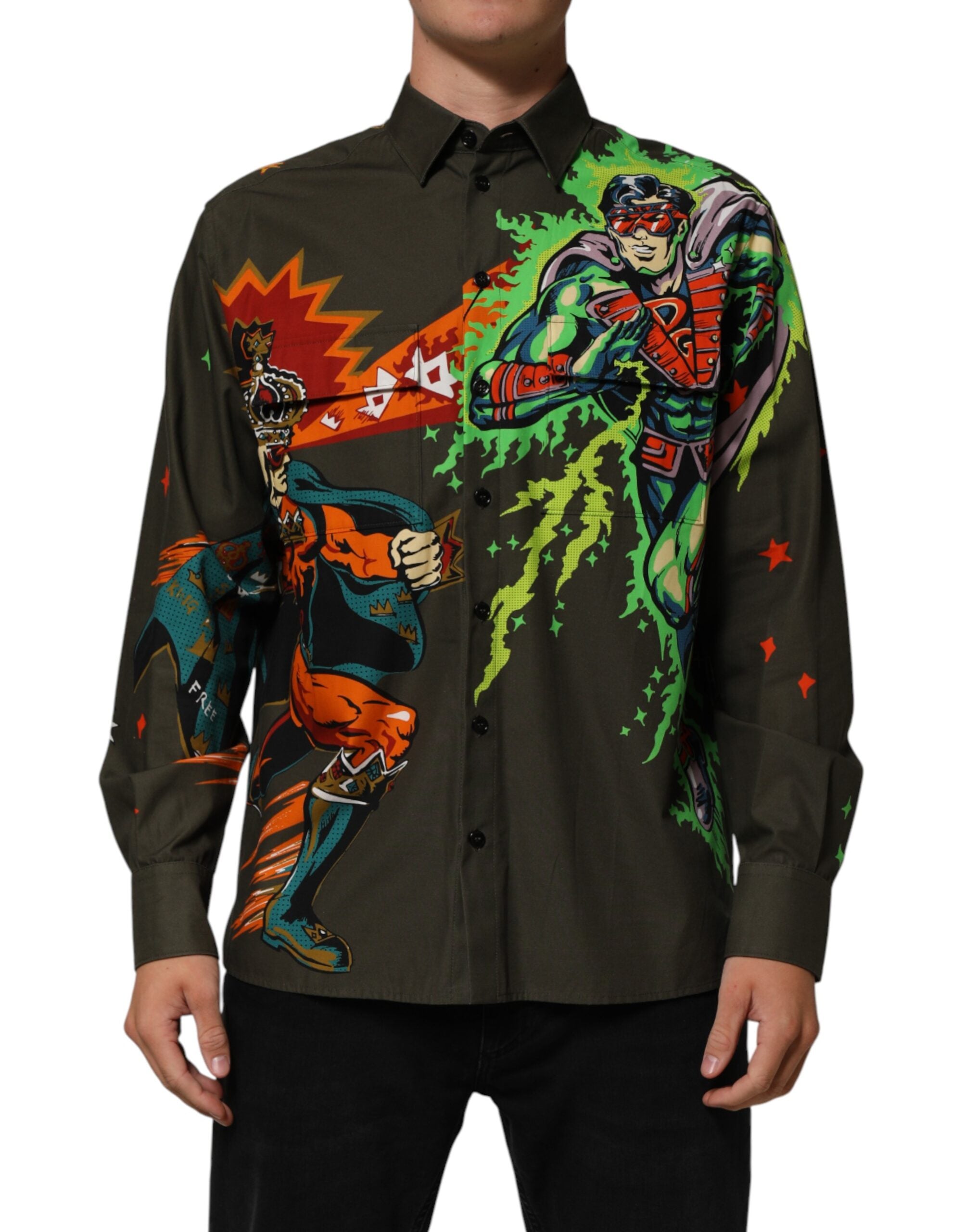 Dolce & Gabbana shirt with superhero print and button placket in brown-1