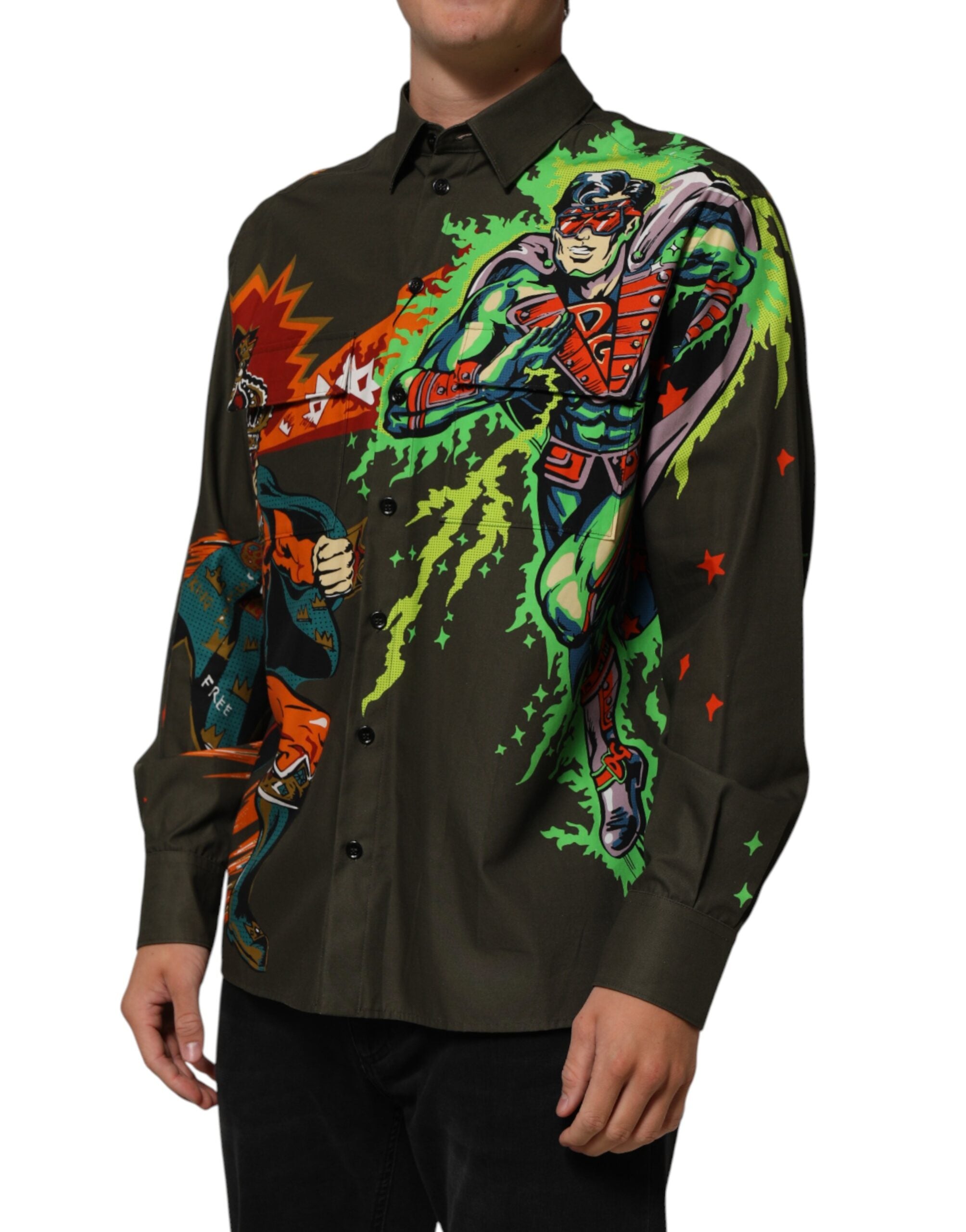 Dolce & Gabbana shirt with superhero print and button placket in brown-3