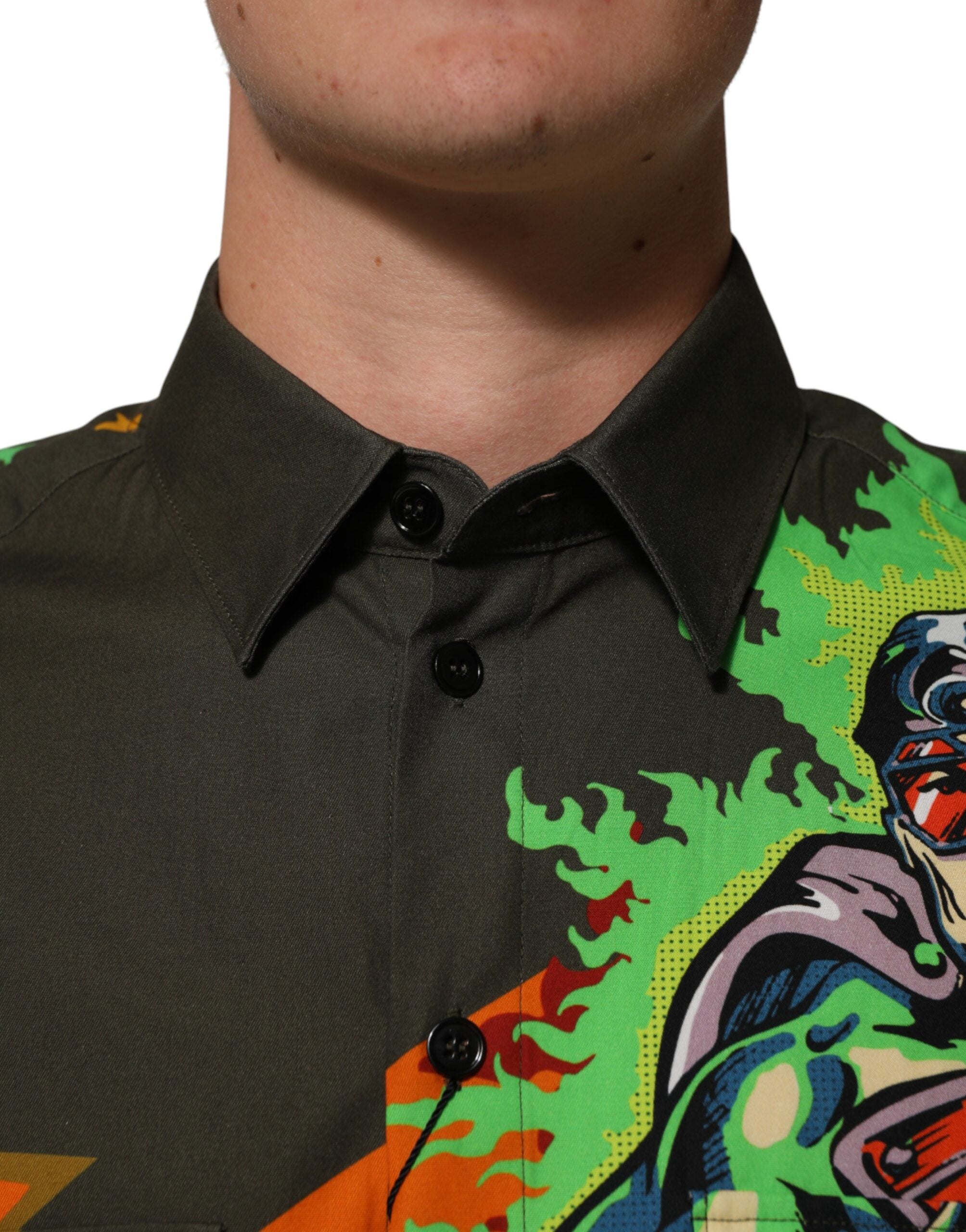 Dolce & Gabbana shirt with superhero print and button placket in brown-5
