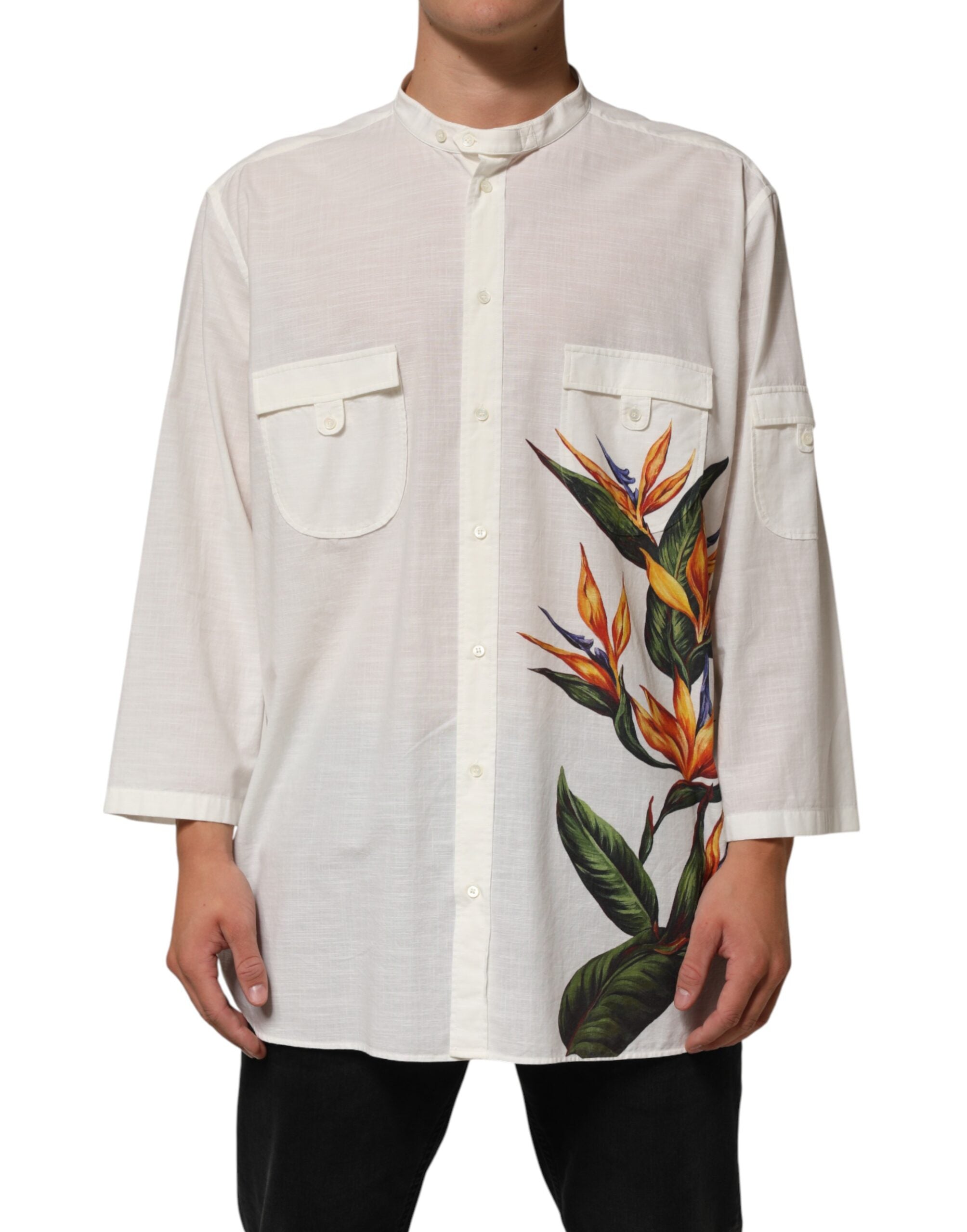 Dolce & Gabbana White cotton shirt with floral pattern and button placket-1