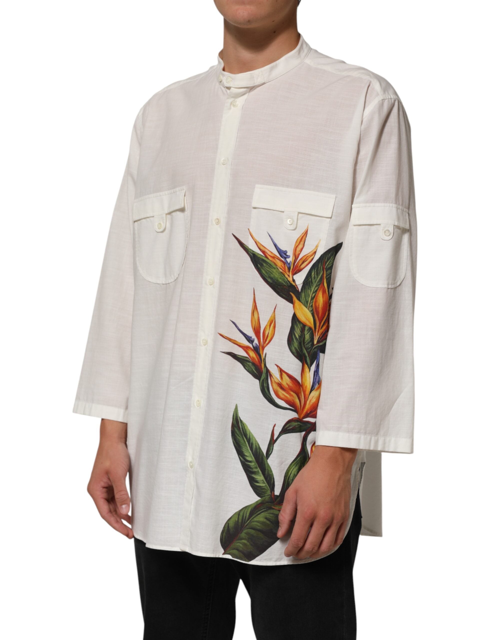 Dolce & Gabbana White cotton shirt with floral pattern and button placket-3