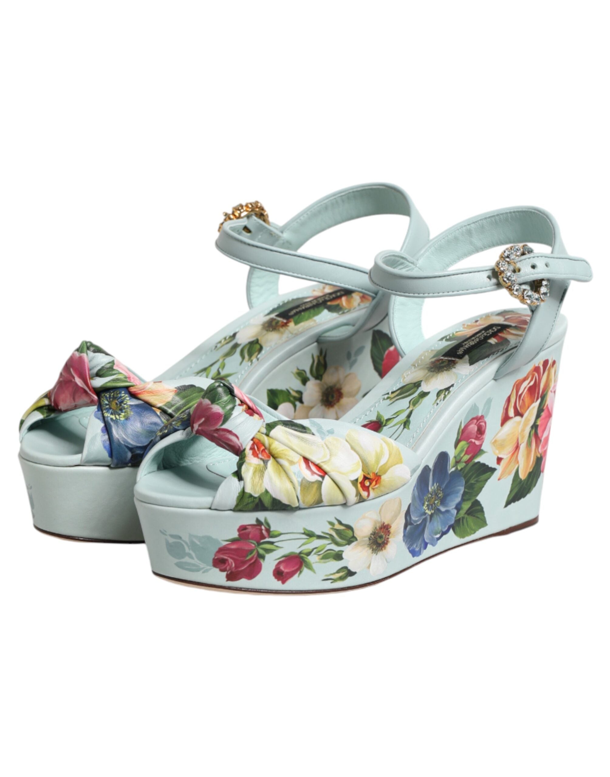 Dolce & Gabbana Grüne Blumen-Sandalen mit Knöchelriemen und Keilabsatz-5