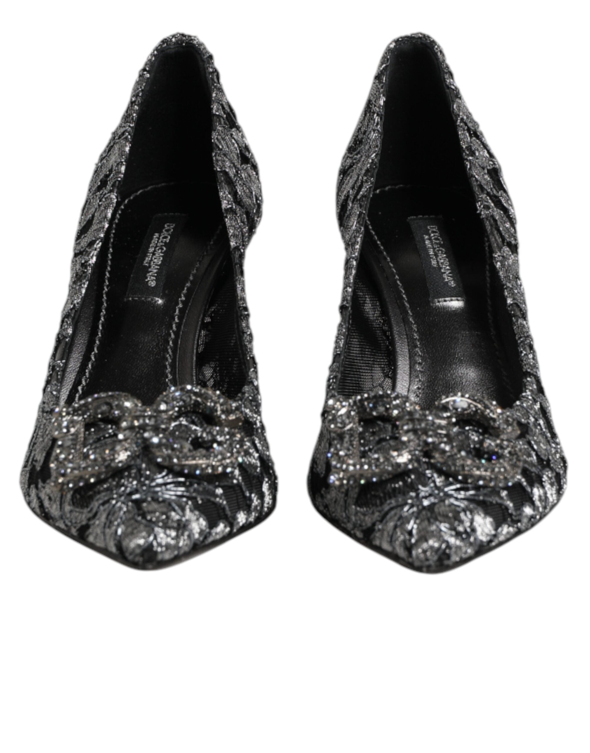 Dolce & Gabbana Silberne Spitzen-Pumps mit DG Amore Absatz-3